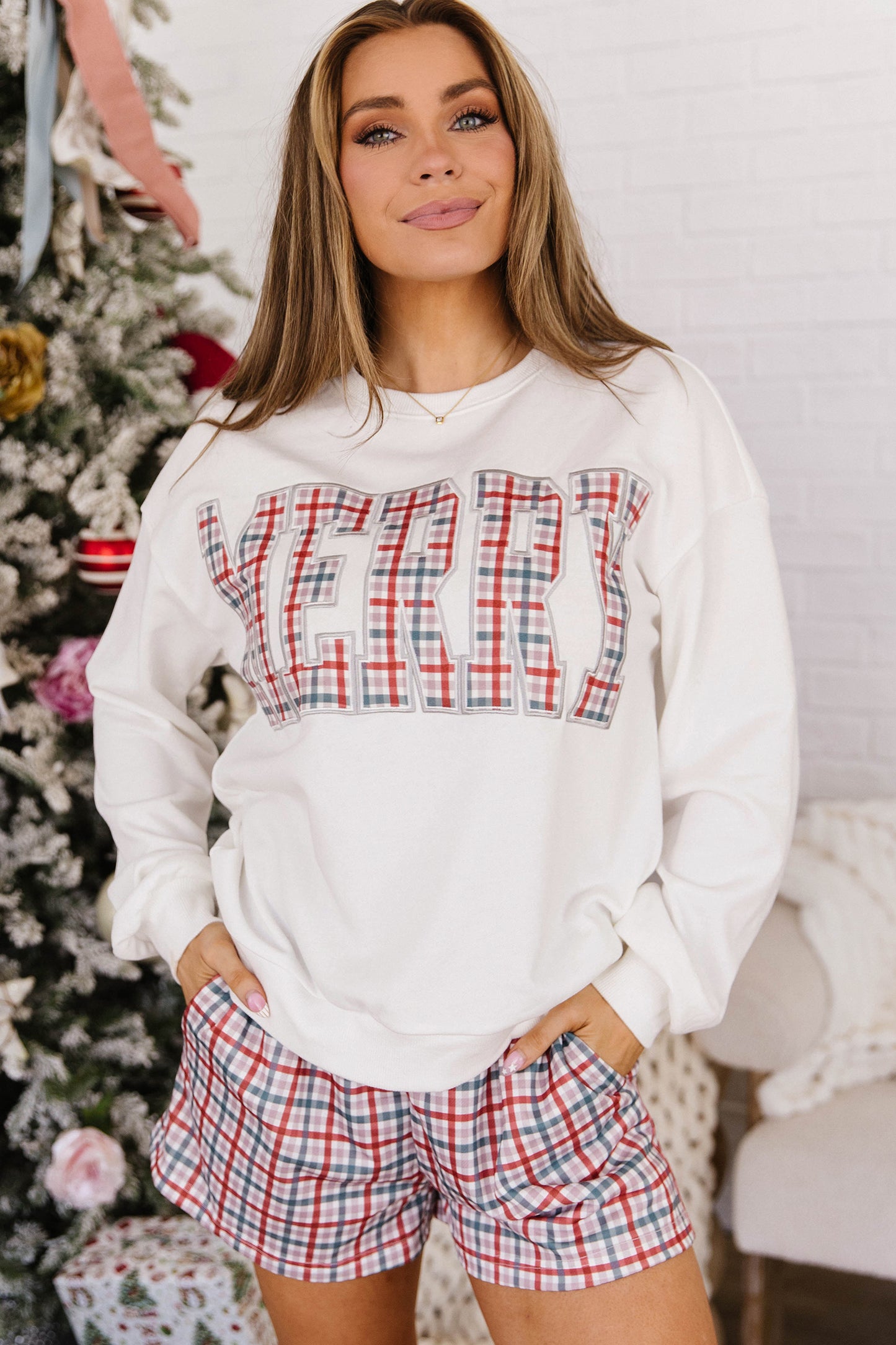 Multicolour Plaid MERRY Holiday Long Sleeve Top and Shorts Set-Two Piece Sets/Short Sets-[Adult]-[Female]-2022 Online Blue Zone Planet