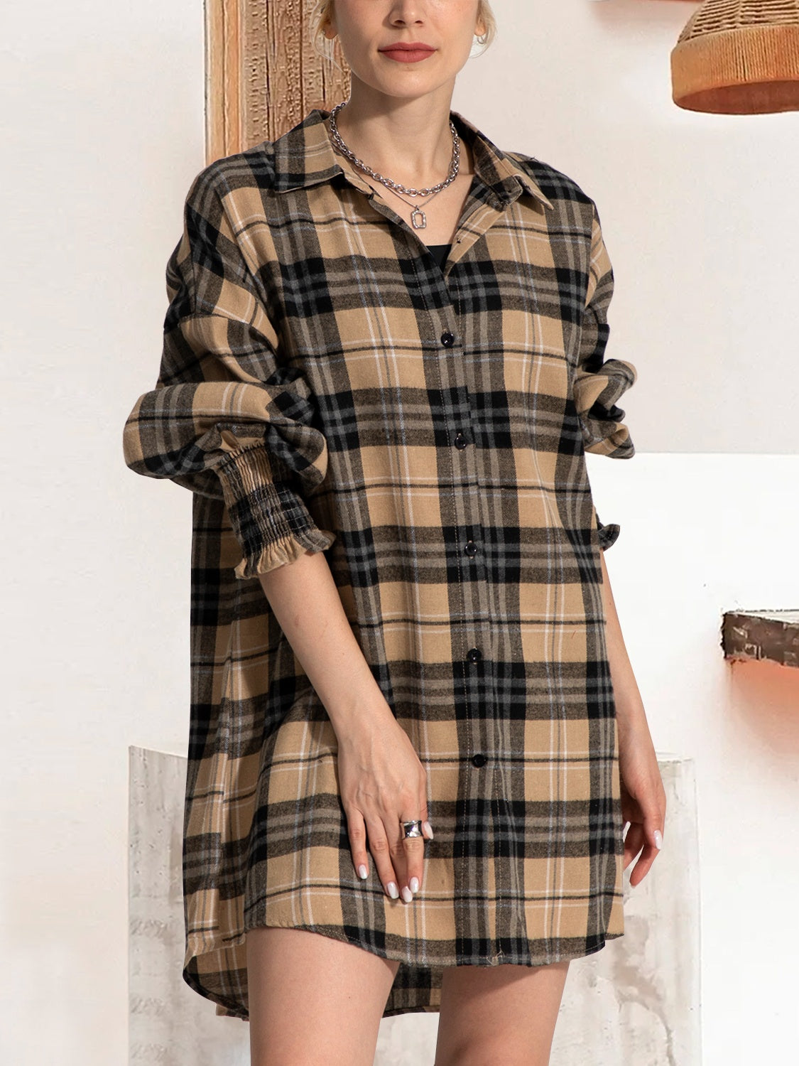 Blue Zone Planet | Button Up Plaid Long Sleeve Shirt Dress-TOPS / DRESSES-[Adult]-[Female]-Camel-S-2022 Online Blue Zone Planet