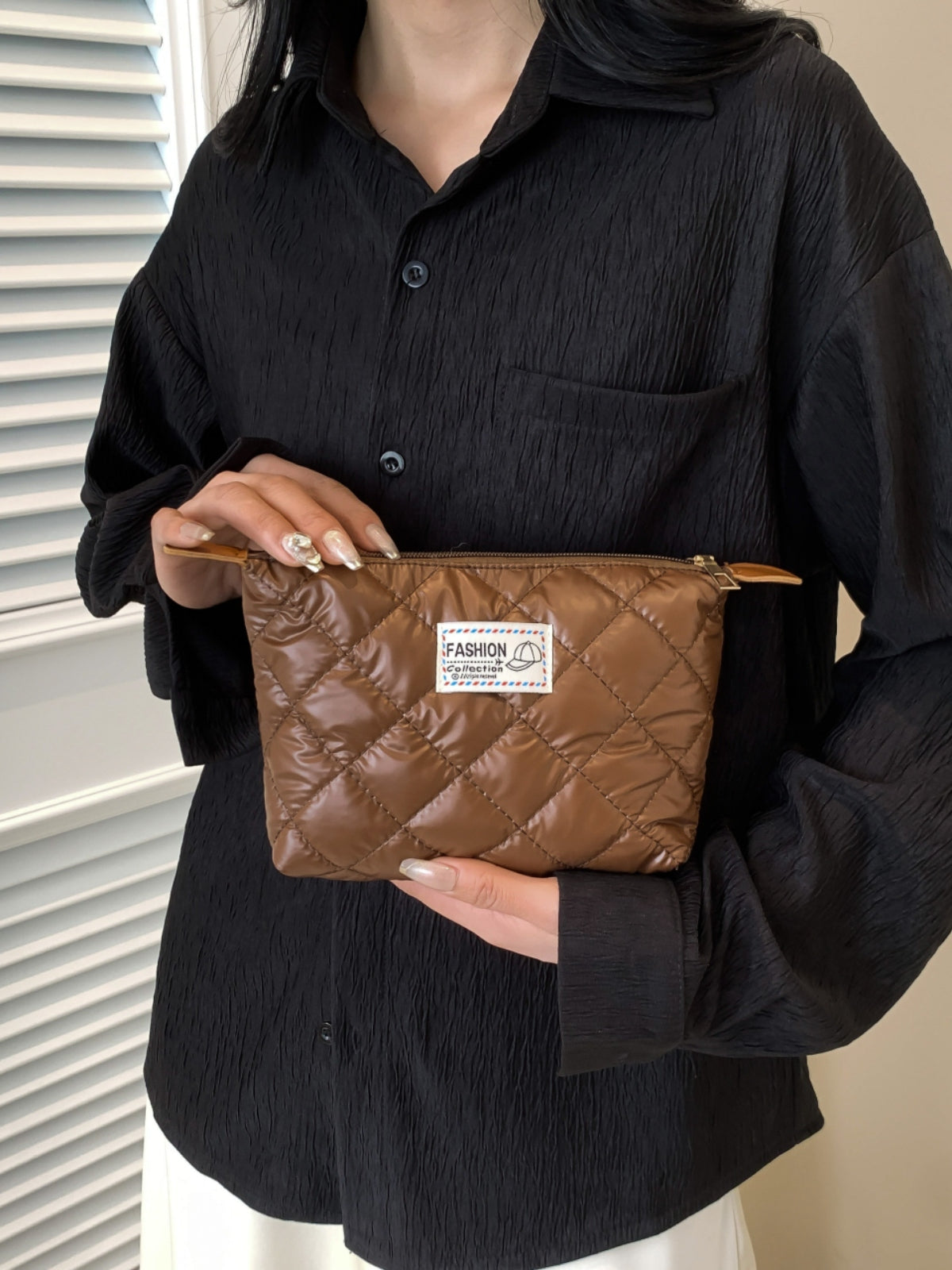 Solid Quilted Clutch with Zipper-HANDBAGS-[Adult]-[Female]-2022 Online Blue Zone Planet