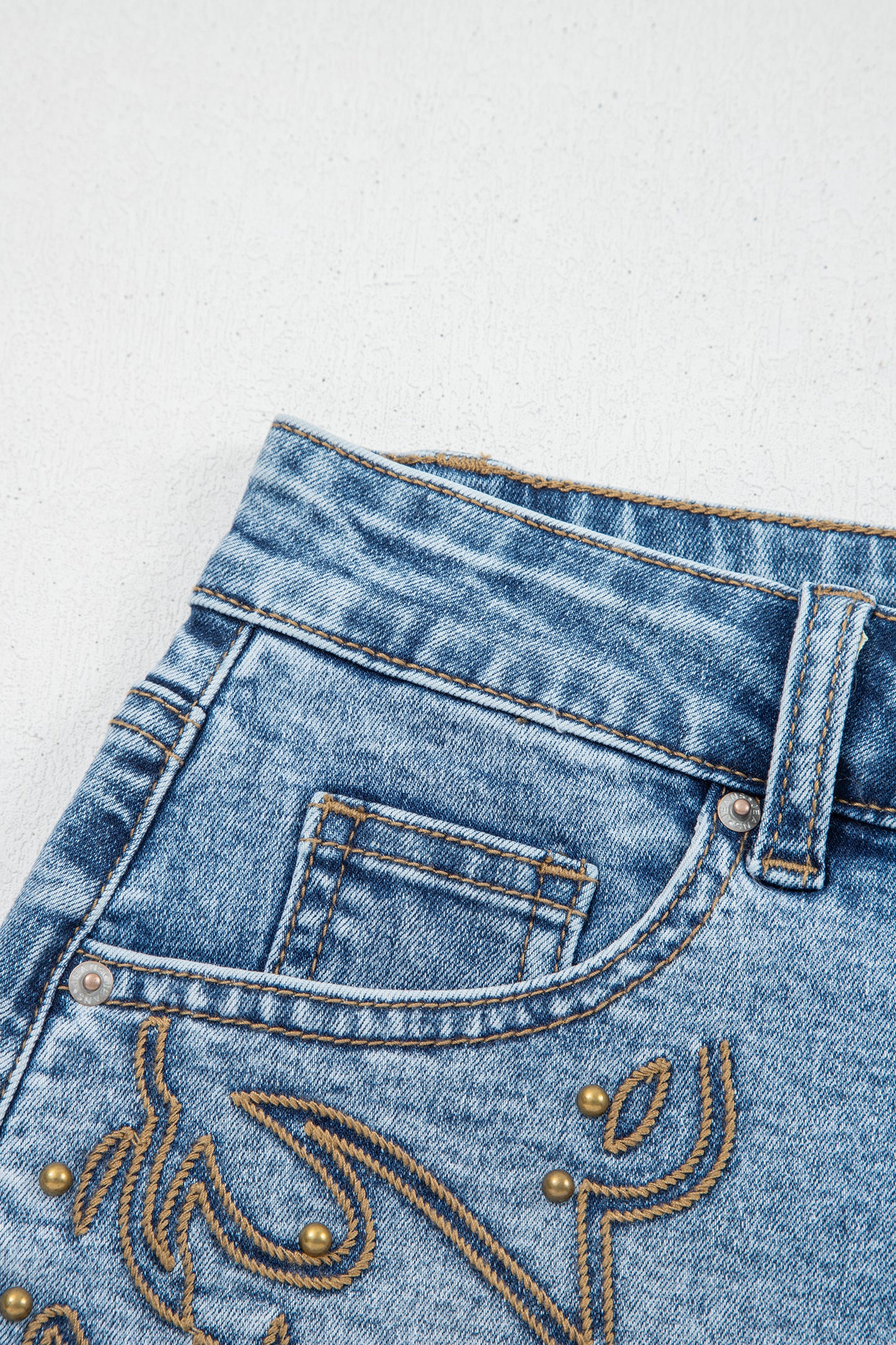 Dusk Blue Western Embroidery Stud Denim Shorts Summer Daily Wear-Bottoms/Denim Shorts-[Adult]-[Female]-2022 Online Blue Zone Planet