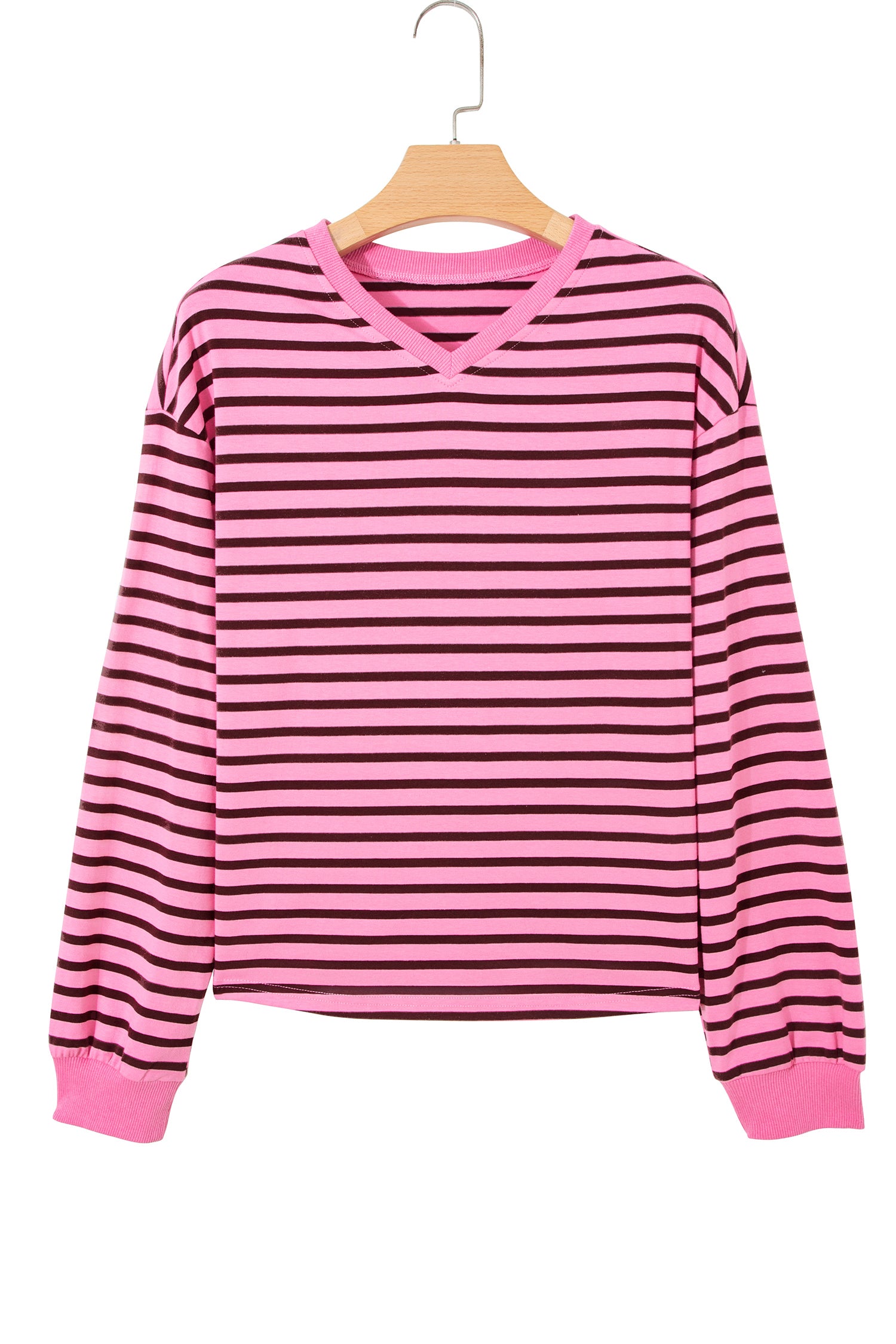 Pink Stripe V Neck Long Sleeve Drop Shoulder Blouse-Tops/Long Sleeve Tops-[Adult]-[Female]-2022 Online Blue Zone Planet