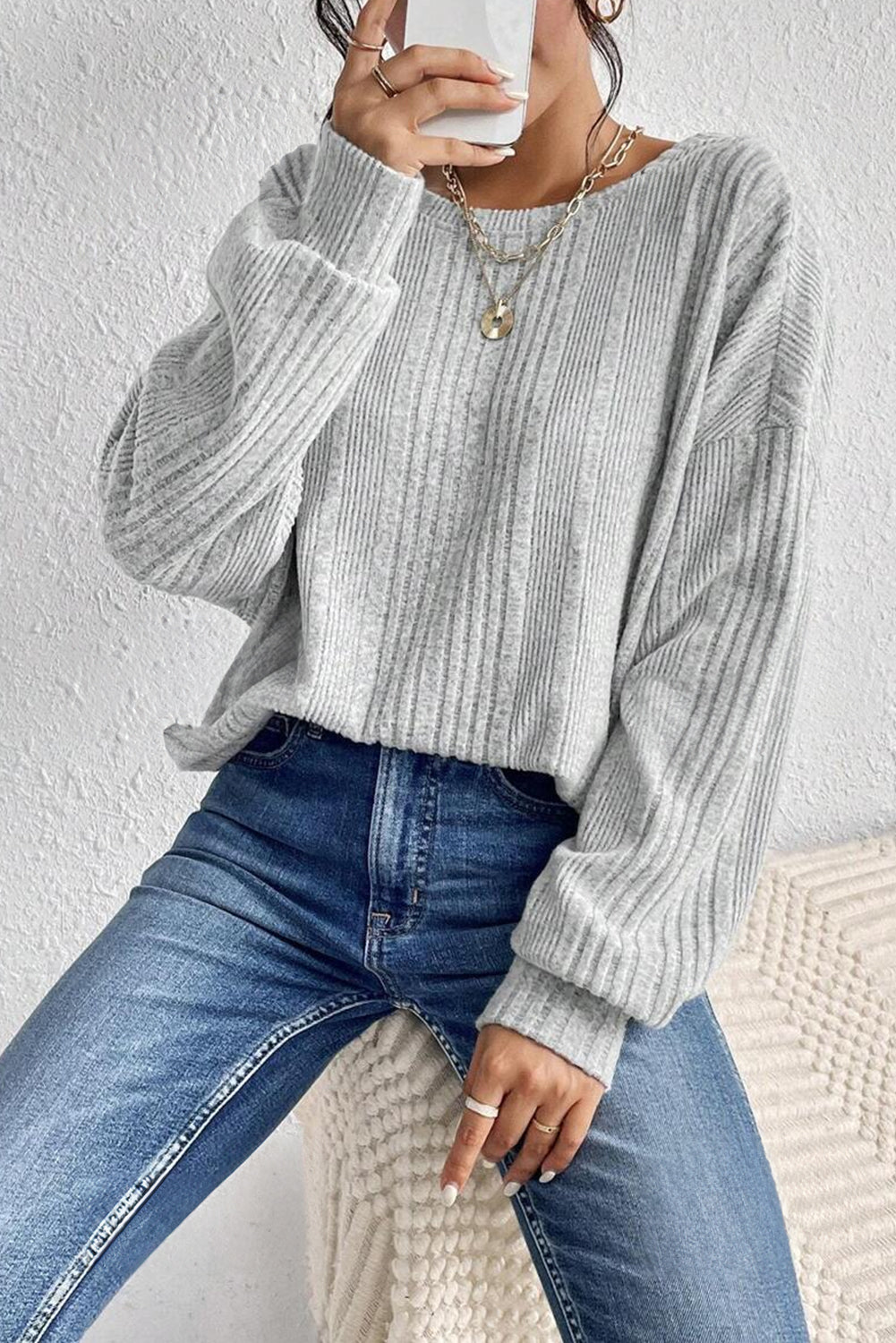 Blue Zone Planet | Light Grey Textured Crossover Backless Knit Long Sleeve Top-Tops/Long Sleeve Tops-[Adult]-[Female]-2022 Online Blue Zone Planet