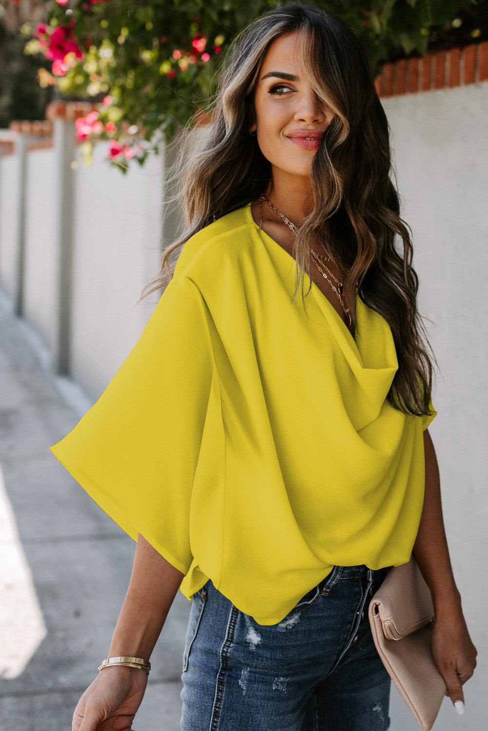 Golden Glow Women's Casual Summer Sleeve Wrap V Neck Draped Blouses-Tops/Blouses & Shirts-[Adult]-[Female]-2022 Online Blue Zone Planet