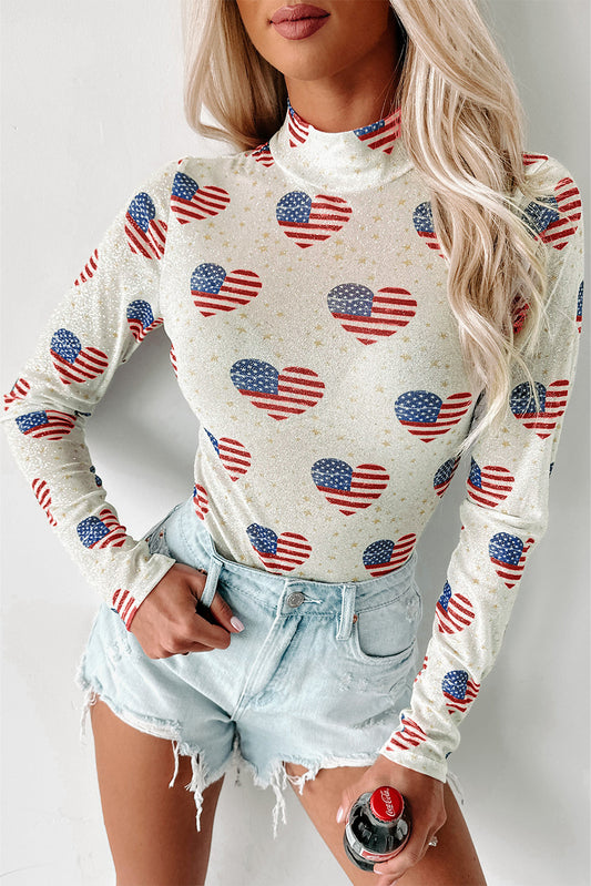 White Heart USA Flag Print Glitter Mesh Bodysuit-20% OFF-[Adult]-[Female]-White-L-2022 Online Blue Zone Planet
