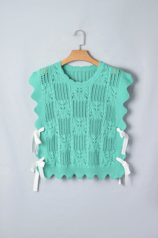Mint Green Pointelle Knit Patterned Scalloped Trim Short Sleeve Sweater-TOPS / DRESSES-[Adult]-[Female]-2022 Online Blue Zone Planet