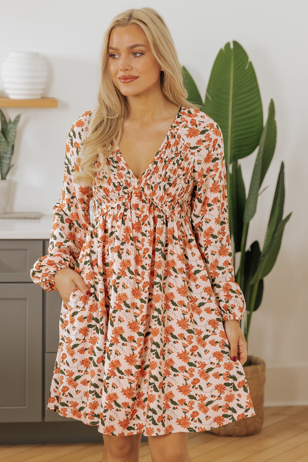 Blue Zone Planet | Beige Floral Deep V Neck Smocked Bust Bubble Sleeve Babydoll Dress-TOPS / DRESSES-[Adult]-[Female]-2022 Online Blue Zone Planet