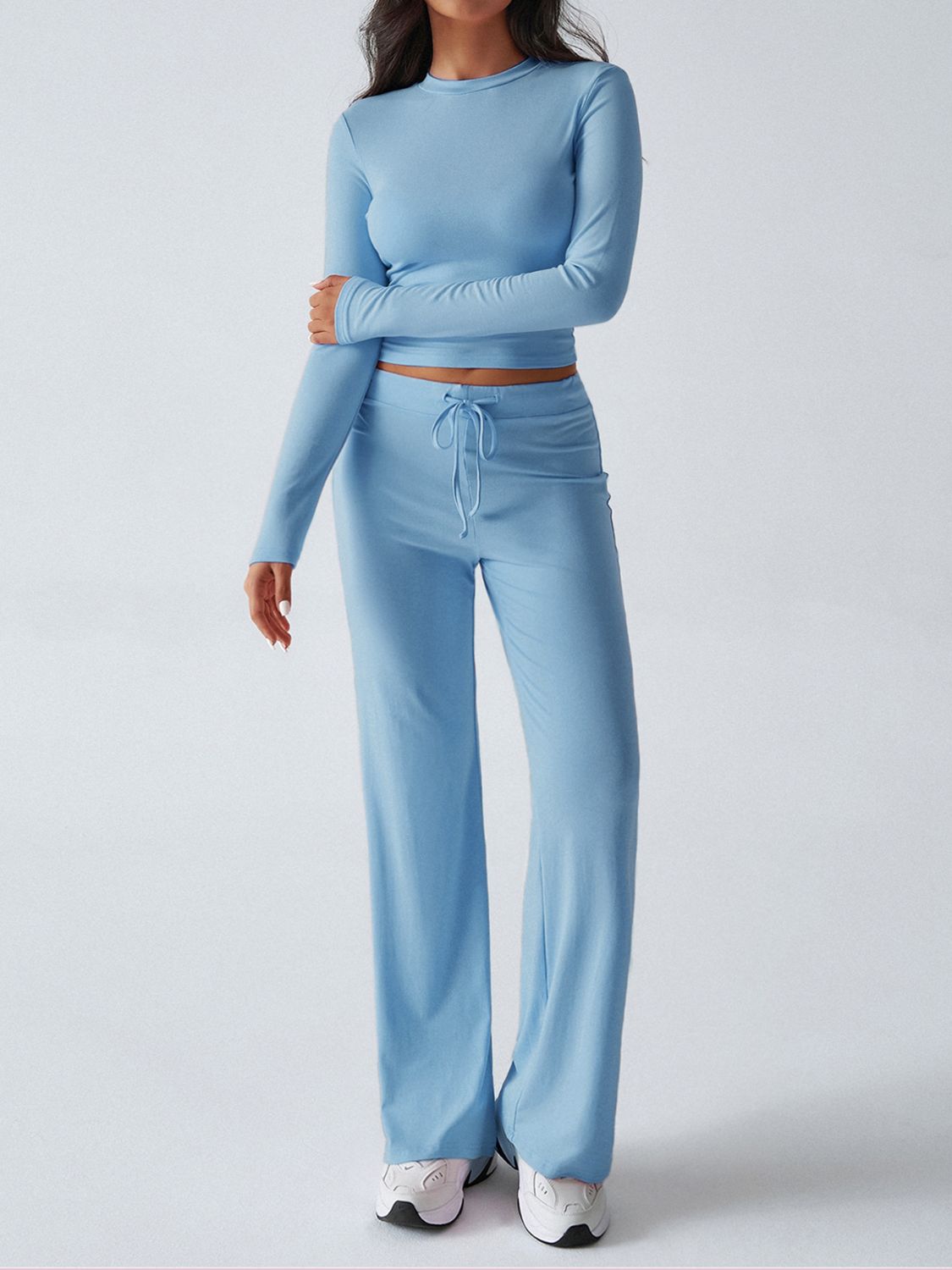 Blue Zone Planet | Devine Round Neck Long Sleeve Top and Drawstring Pants Set-TOPS / DRESSES-[Adult]-[Female]-2022 Online Blue Zone Planet