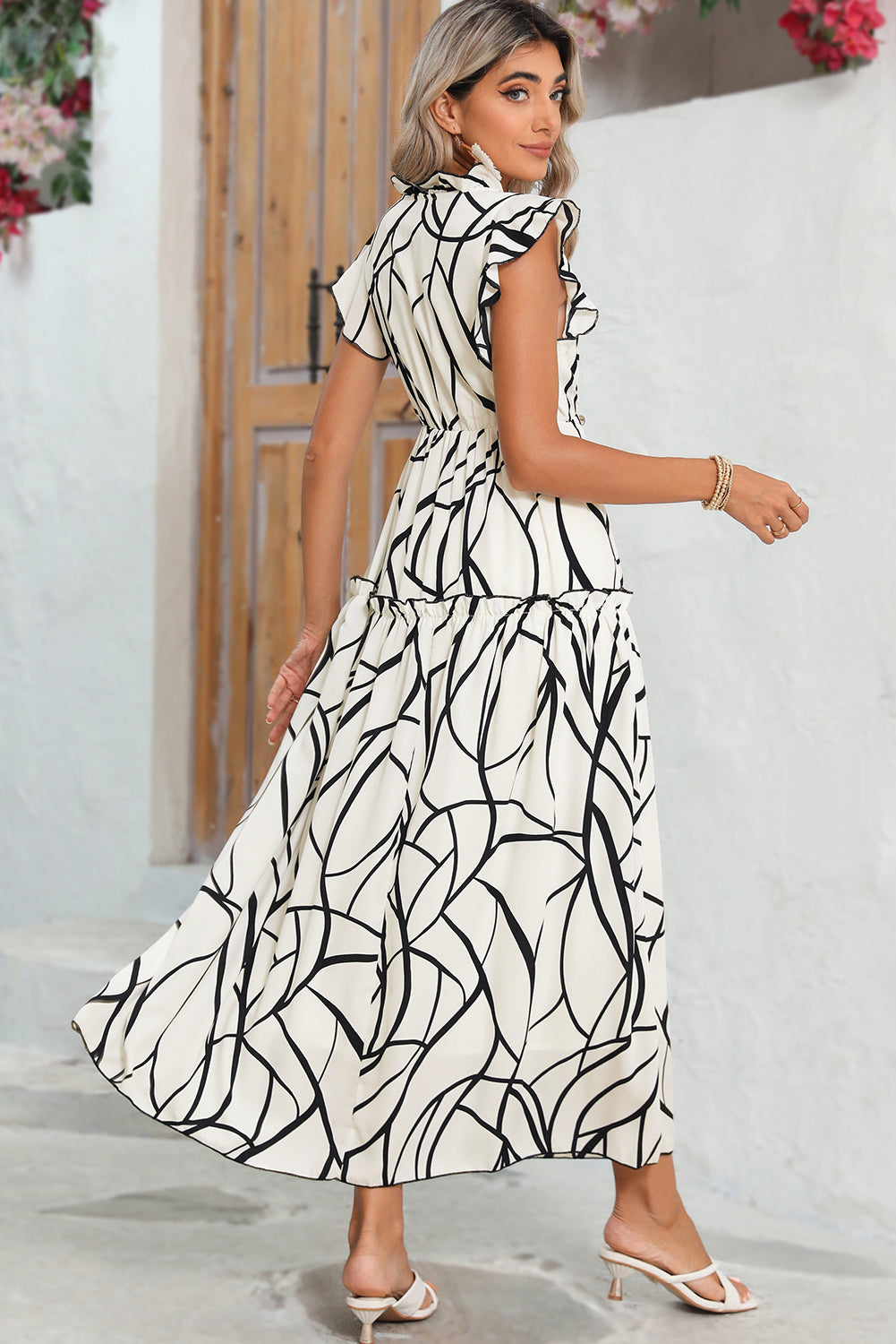 White Abstract Print V Neck Ruffle Maxi Dress-Maxi Dresses-[Adult]-[Female]-2022 Online Blue Zone Planet