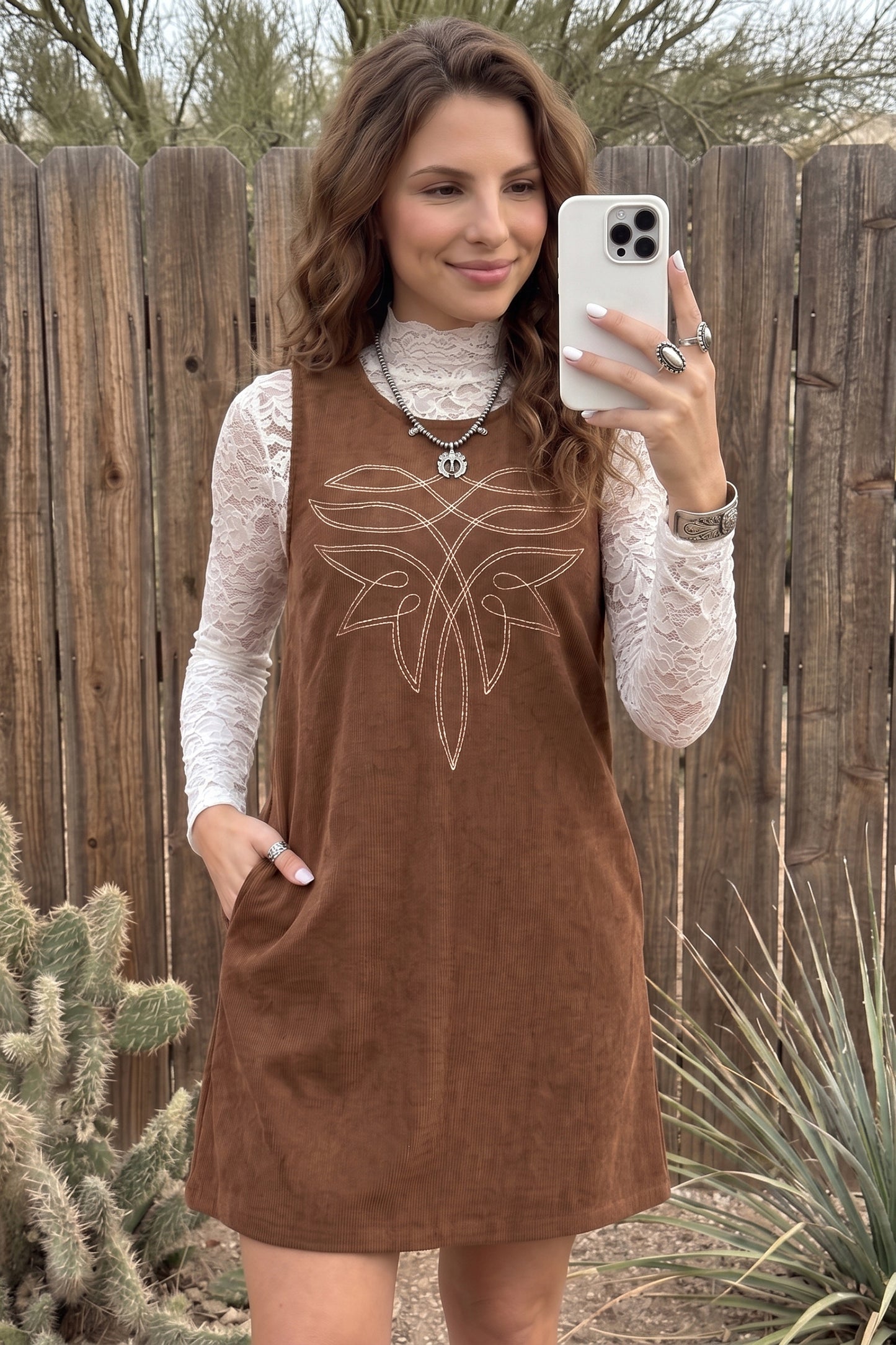 Coffee Geometric Embroidery Sleeveless Corduroy Shift Dress-TOPS / DRESSES-[Adult]-[Female]-2022 Online Blue Zone Planet