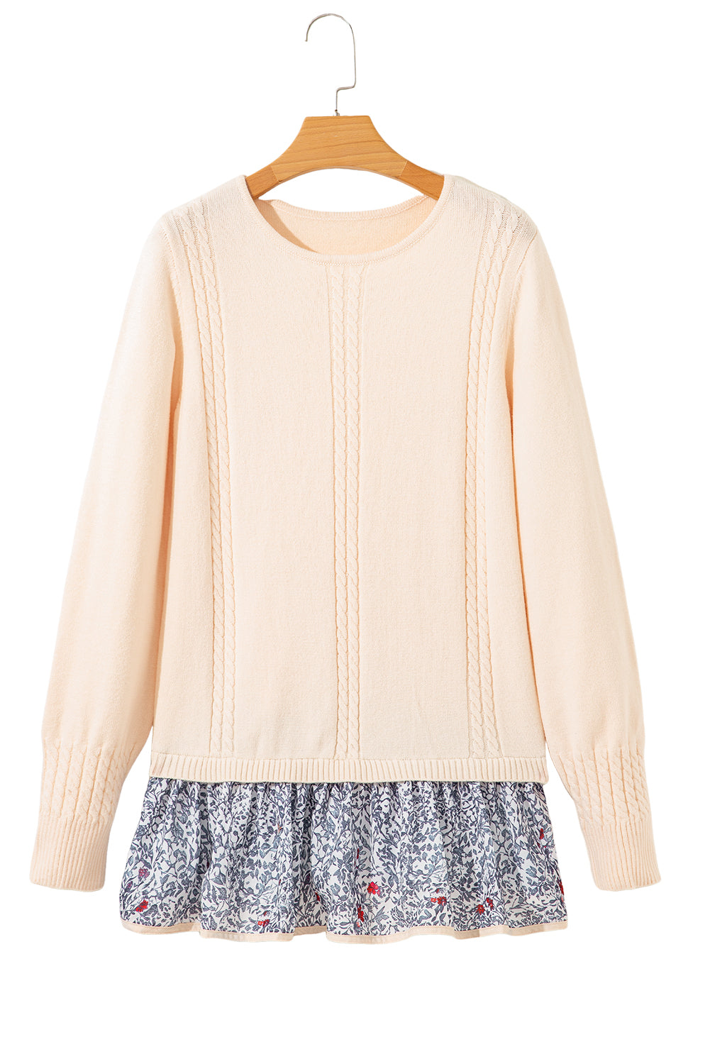 Beige Cable Texture Bohemian Ruffle Hem Patchwork Sweater-TOPS / DRESSES-[Adult]-[Female]-2022 Online Blue Zone Planet