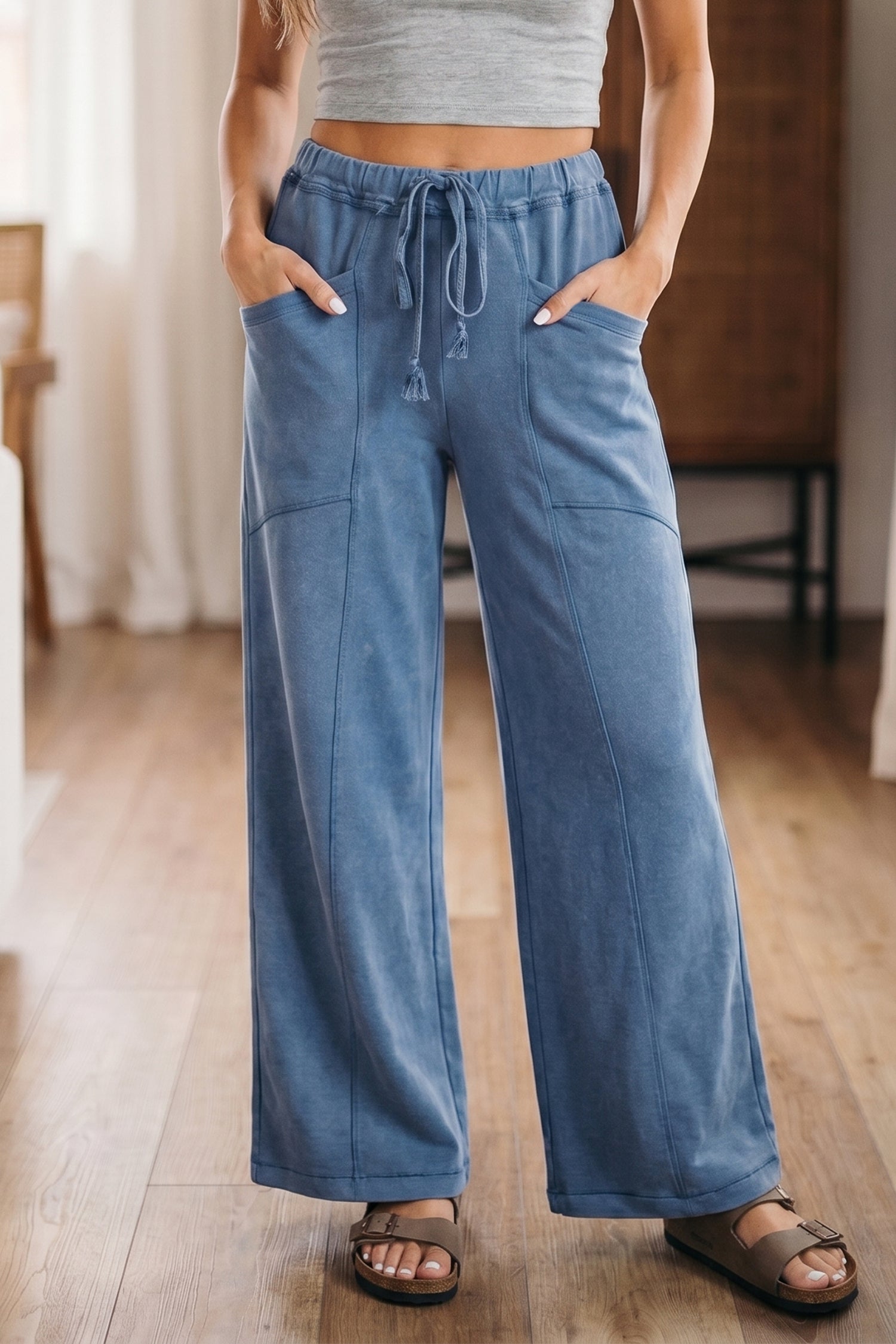 Ashleigh Blue Mineral Wash Drawstring Retro High Waist Wide Leg Western Pants-Bottoms/Pants & Culotte-[Adult]-[Female]-2022 Online Blue Zone Planet