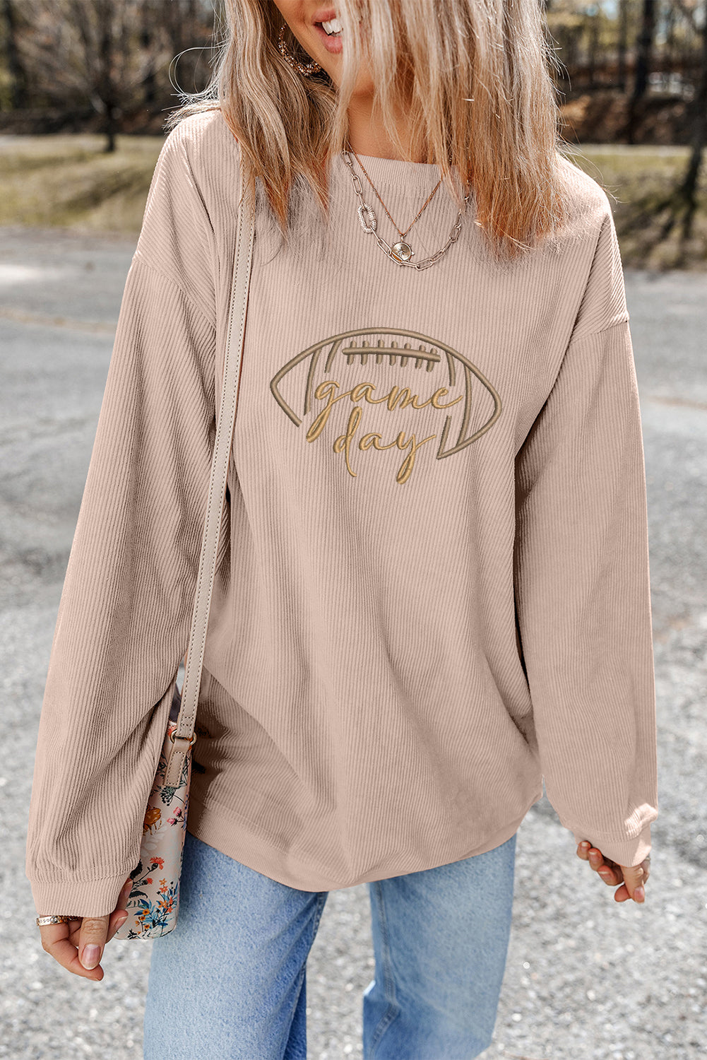 Apricot Rugby Game Day Embroidered Corduroy Sweatshirt-Graphic/Graphic Sweatshirts-[Adult]-[Female]-2022 Online Blue Zone Planet
