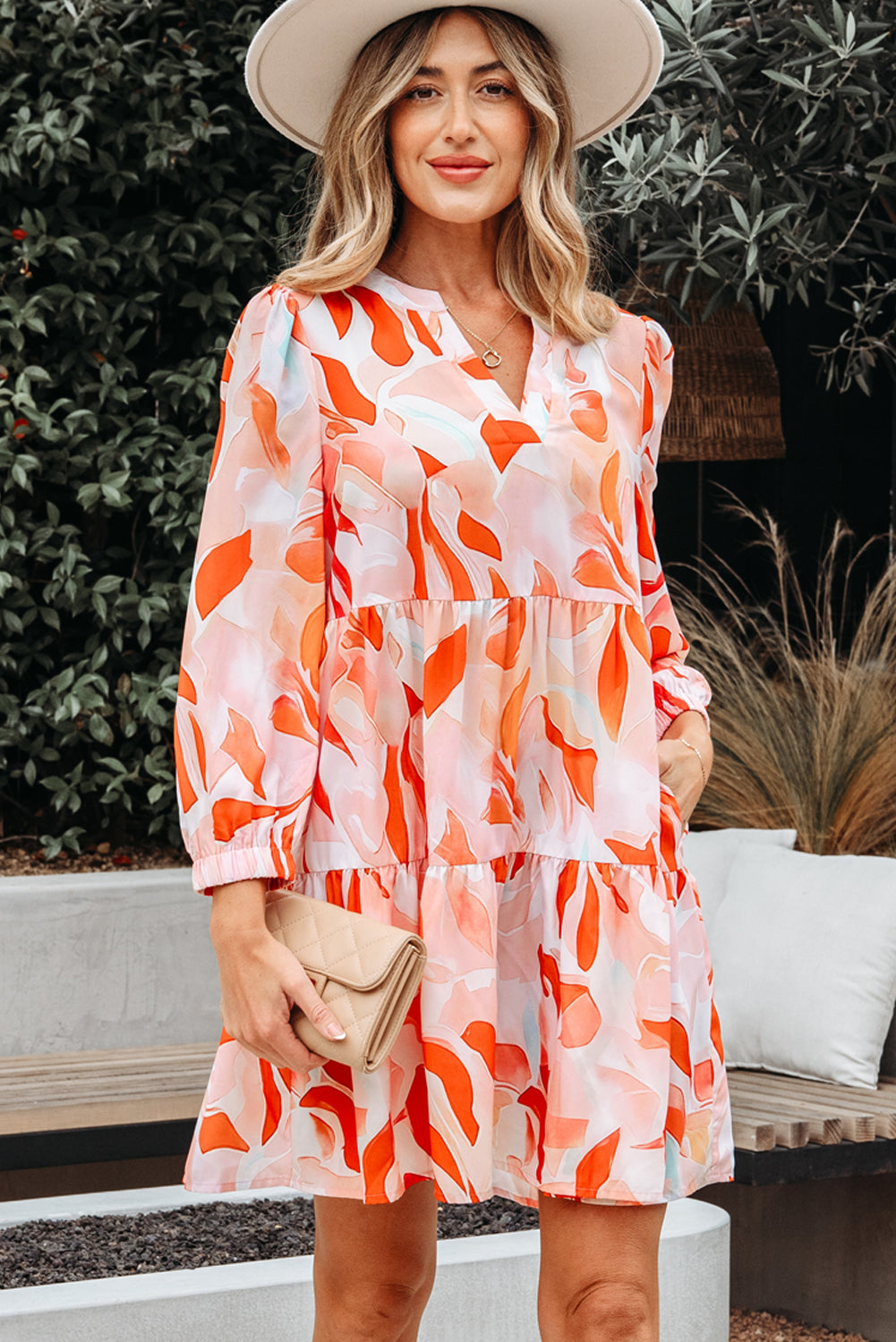 Orange Abstract Print Split Neck Long Sleeve Dress-TOPS / DRESSES-[Adult]-[Female]-2022 Online Blue Zone Planet
