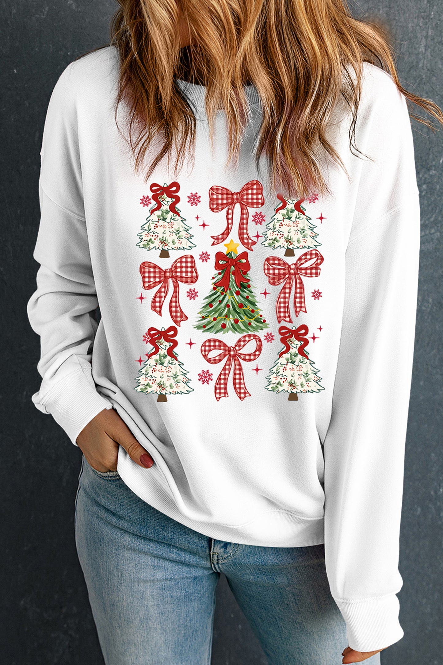 White Christmas Tree Ribbon Bow Printed Drop Shoulder Sweatshirt-Graphic/Graphic Sweatshirts-[Adult]-[Female]-2022 Online Blue Zone Planet