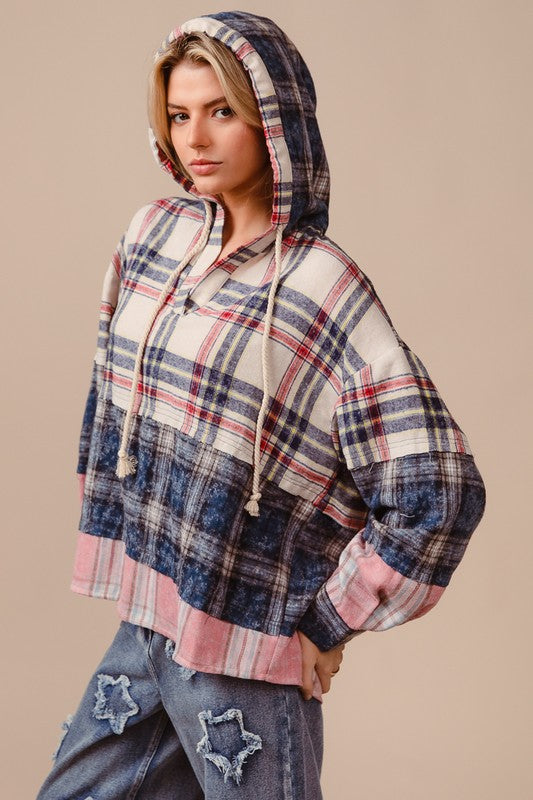 BiBi Drawstring Plaid Drop Shoulder Hoodie-TOPS / DRESSES-[Adult]-[Female]-2022 Online Blue Zone Planet