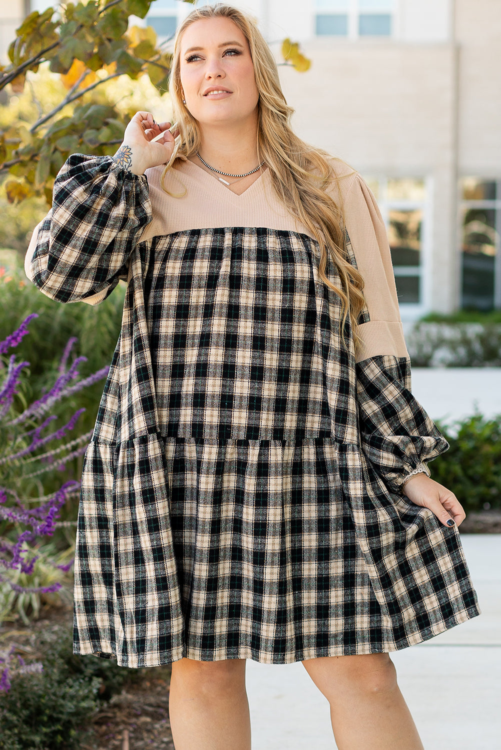 Blue Zone Planet | Black Plaid Waffle Knit Patchwork Collared V Neck Plus Size Mini Dress-TOPS / DRESSES-[Adult]-[Female]-2022 Online Blue Zone Planet