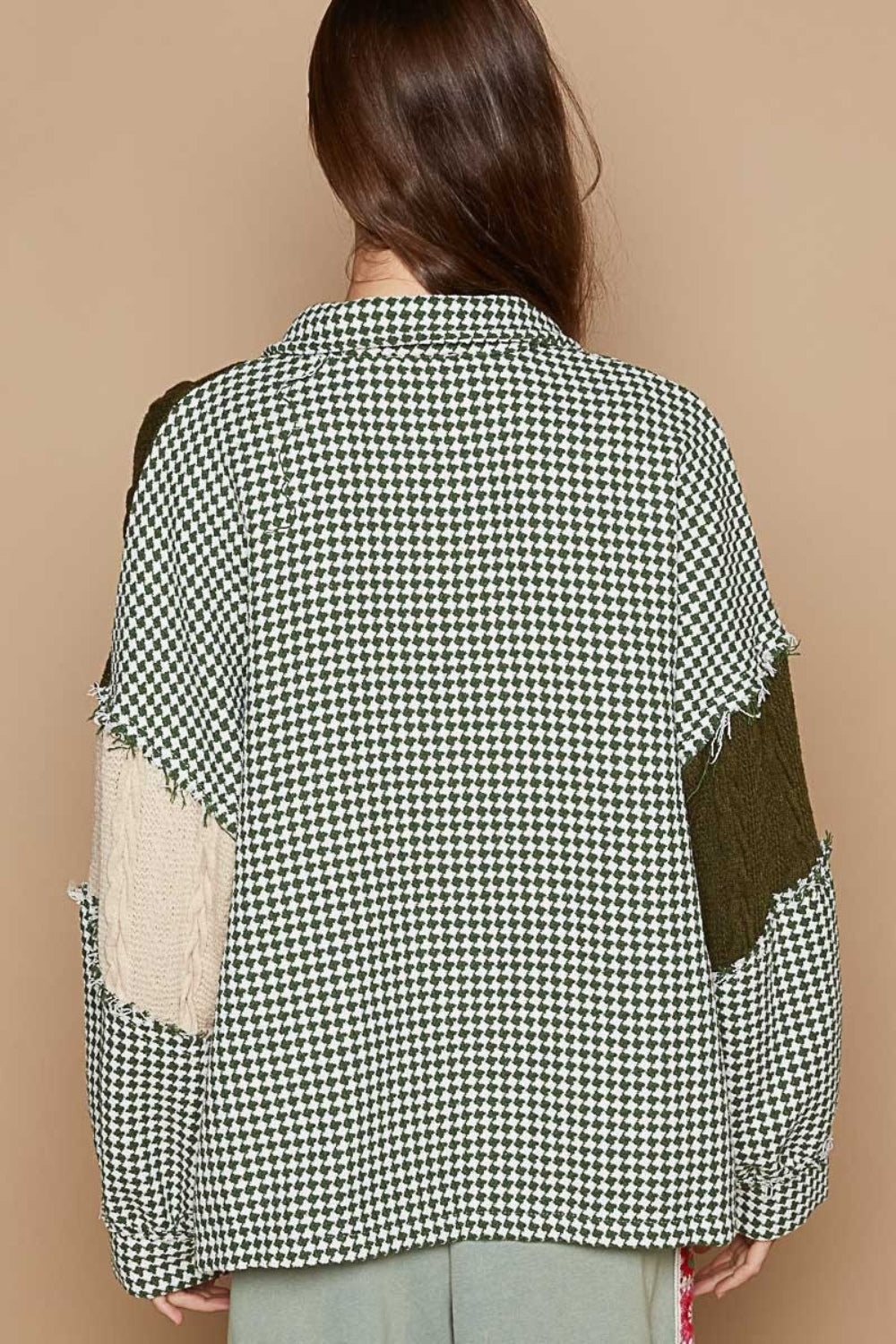 POL Houndstooth Contrast Cable Knit Pocket Shacket-TOPS / DRESSES-[Adult]-[Female]-2022 Online Blue Zone Planet