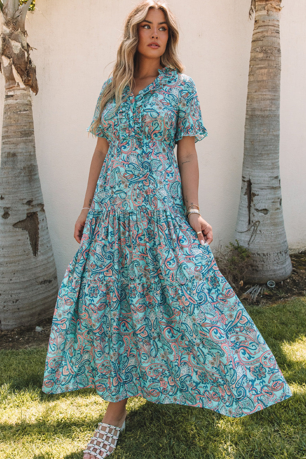 Blue Zone Planet | Sky Blue Paisley Print Boho Holiday Ruffle Tiered Maxi Dress-TOPS / DRESSES-[Adult]-[Female]-Sky Blue-S-2022 Online Blue Zone Planet