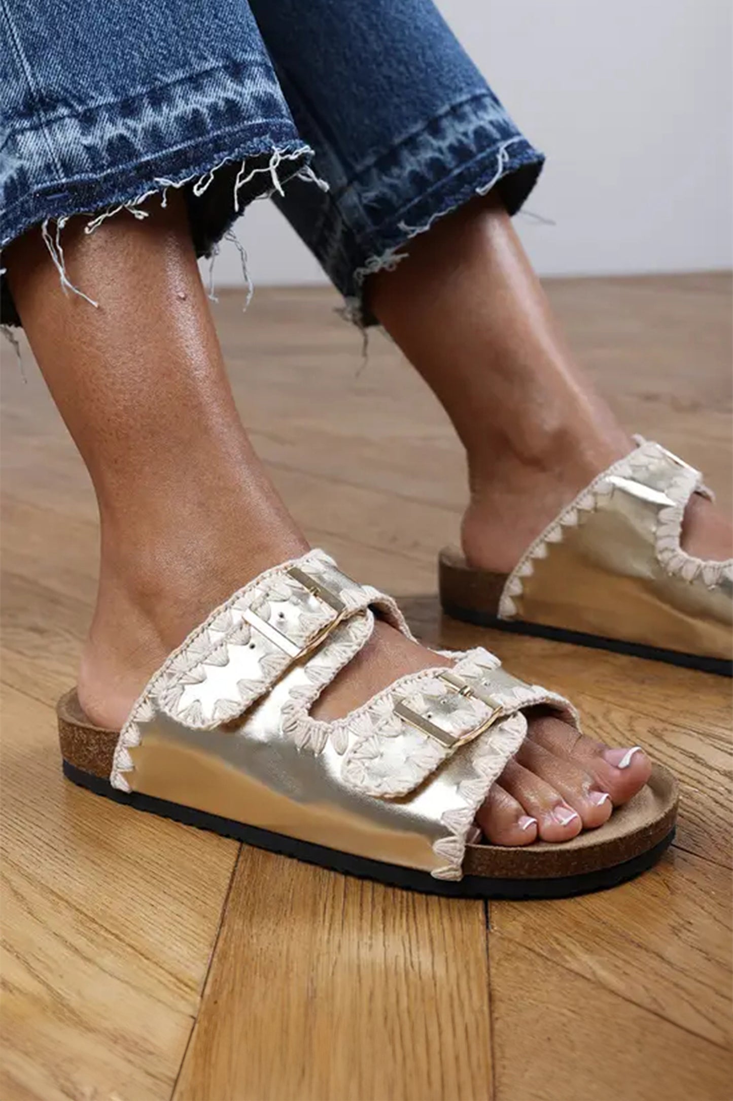 Gold PU Leather Contrast Stitch Flat Sliders