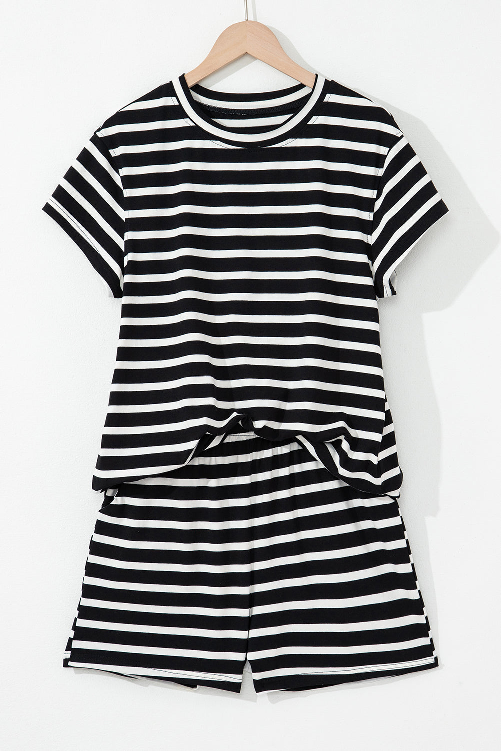 Black White Striped Short Sleeve Top and Shorts Set-Two Piece Sets/Short Sets-[Adult]-[Female]-2022 Online Blue Zone Planet