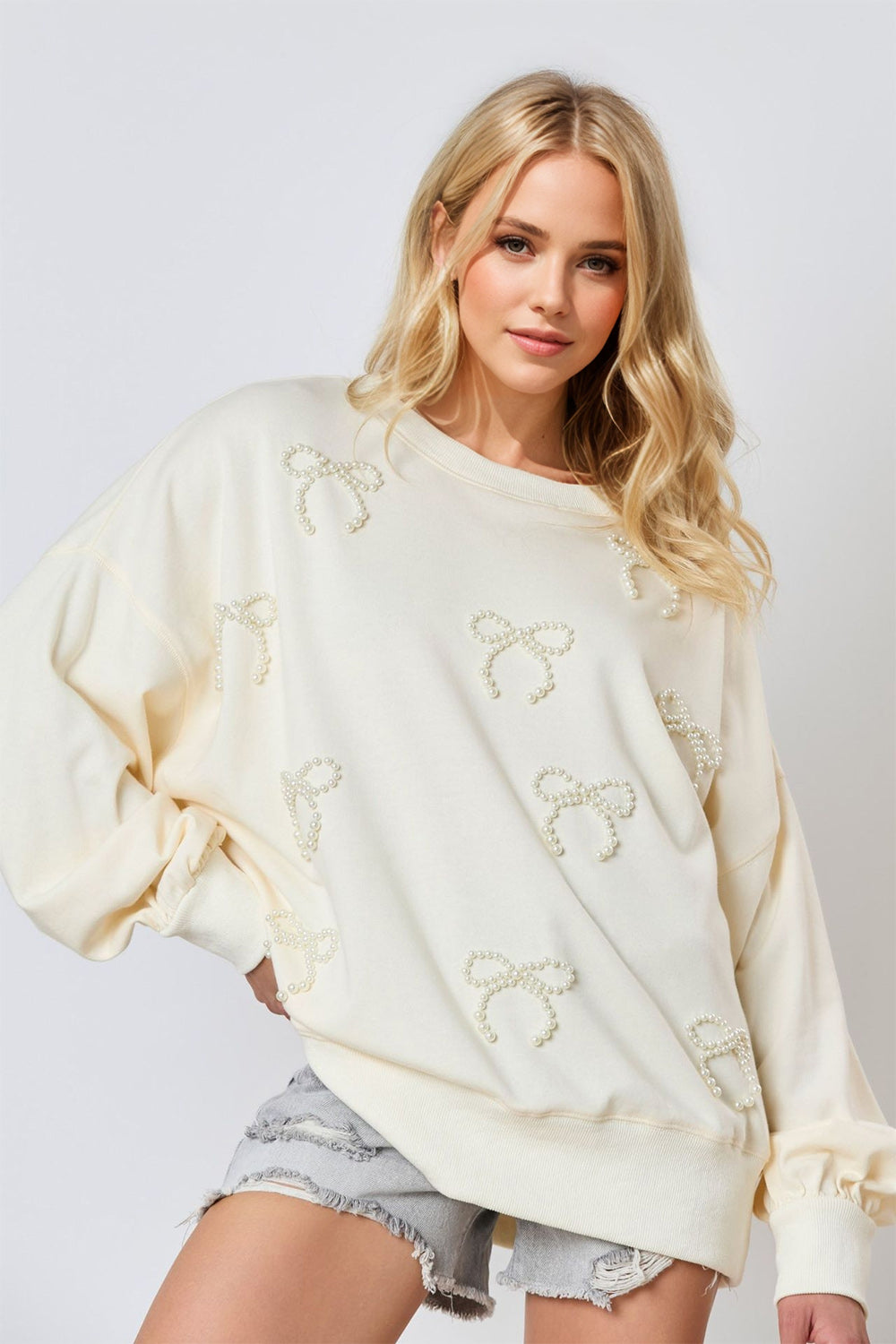 Pearl Bow Round Neck Dropped Shoulder Sweatshirt-TOPS / DRESSES-[Adult]-[Female]-2022 Online Blue Zone Planet