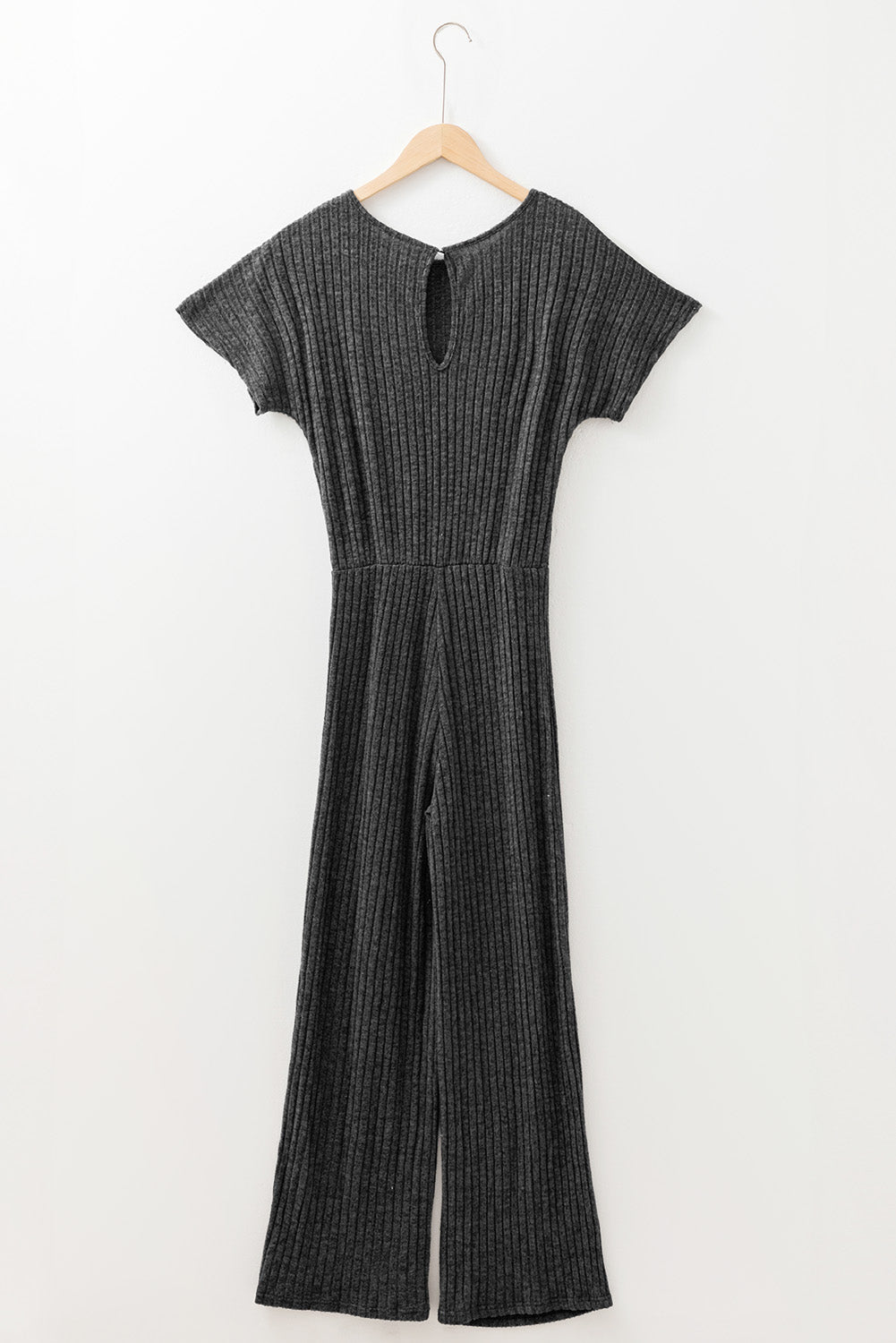 Dark Grey Ribbed Keyhole Short Sleeve Wide Leg Jumpsuit-Bottoms/Jumpsuits & Rompers-[Adult]-[Female]-2022 Online Blue Zone Planet