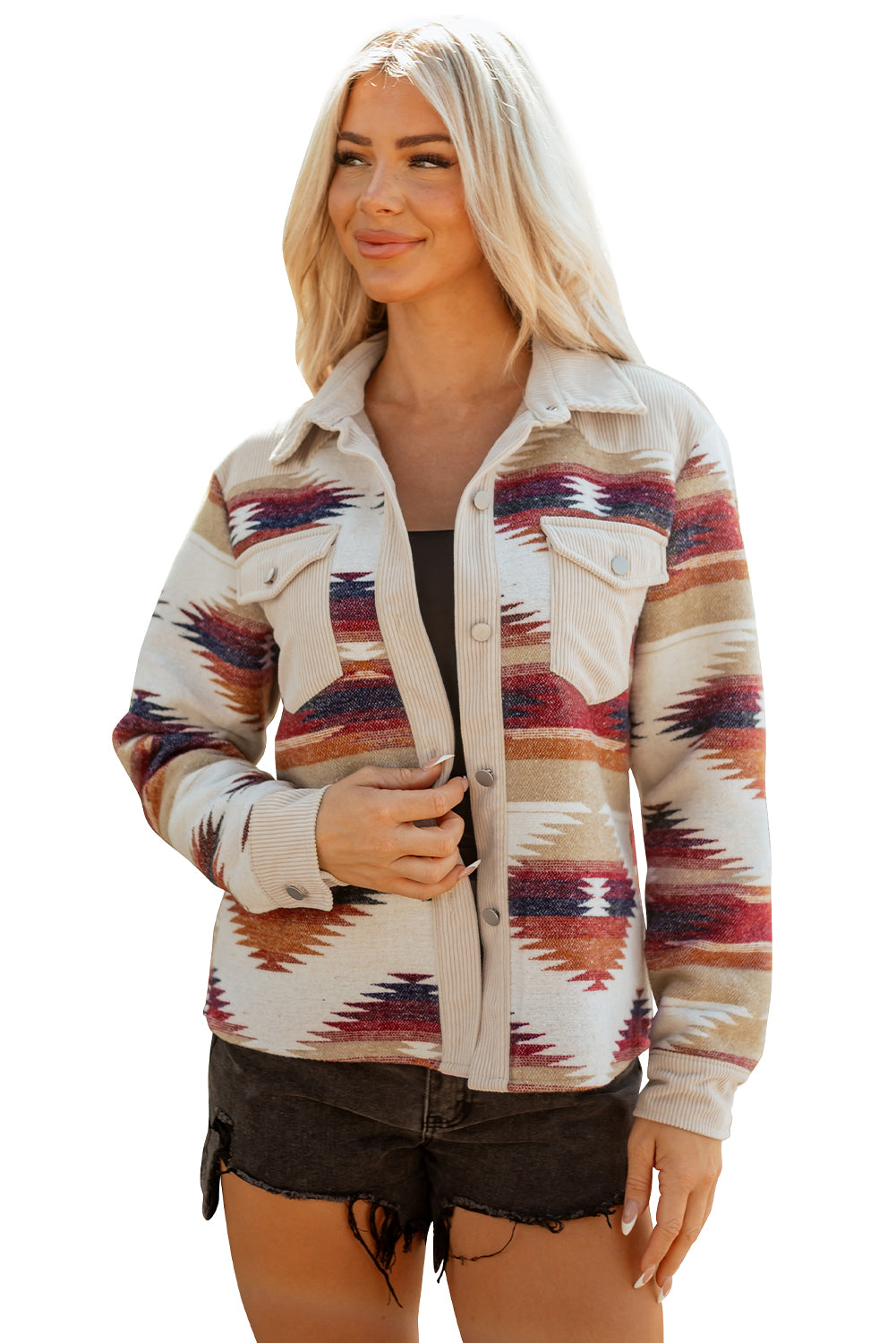 Multicolour Western Aztec Striped Patchwork Double Flap Pocket Raw Hem Shacket-Outerwear/Jackets-[Adult]-[Female]-2022 Online Blue Zone Planet