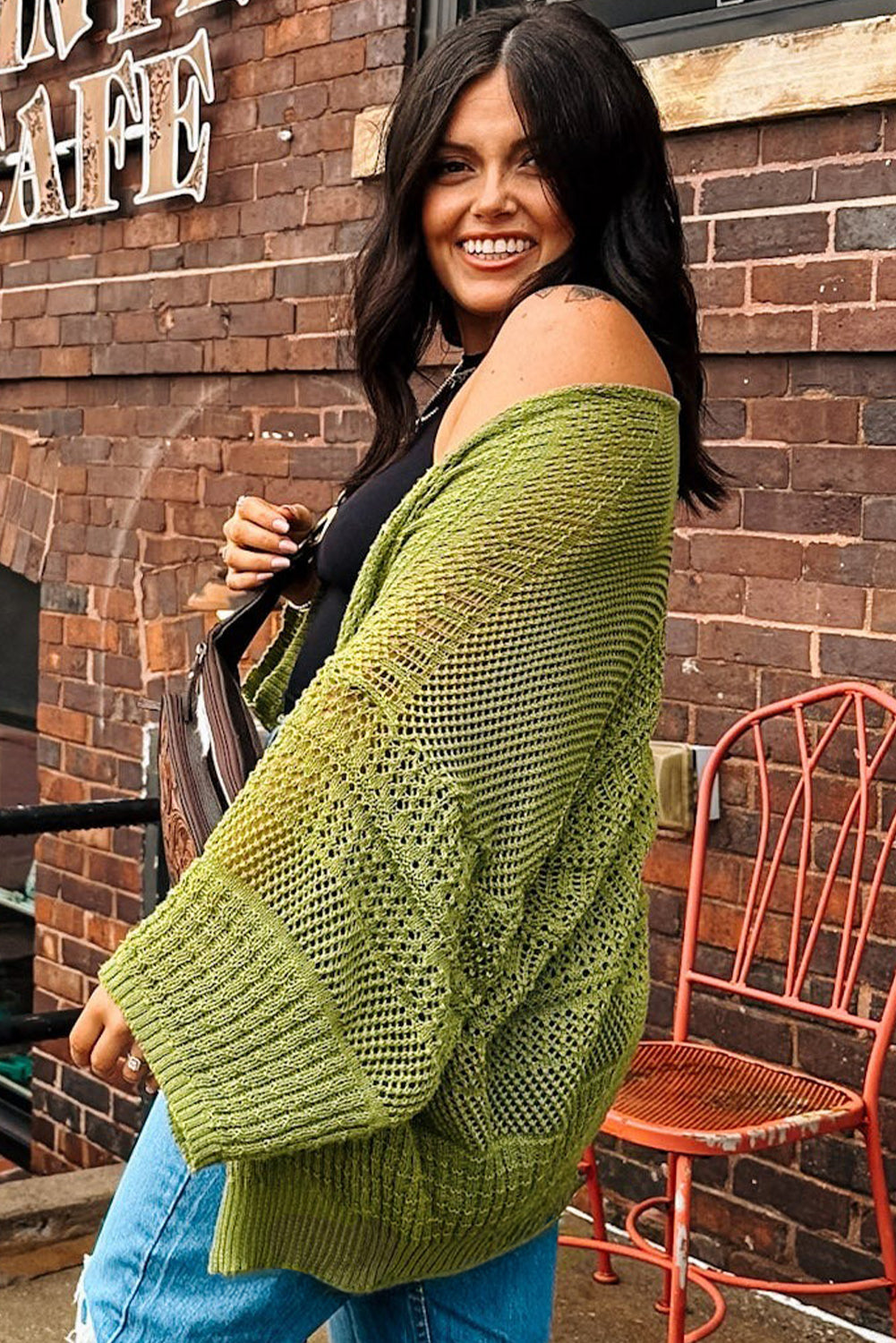 Spinach Green Oversize Crochet Knit Open Cardigan-Sweaters & Cardigans/Cardigans-[Adult]-[Female]-2022 Online Blue Zone Planet