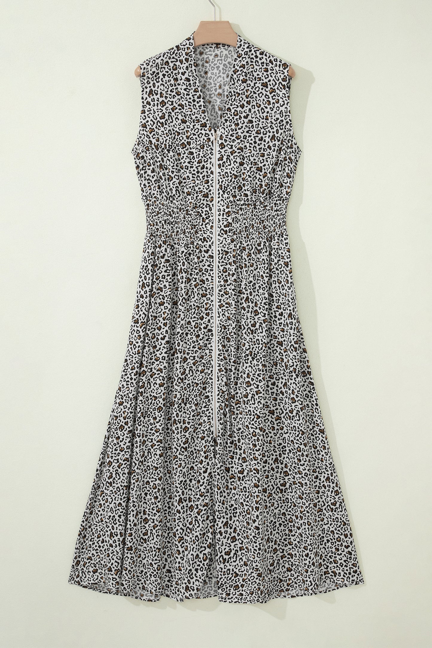 Beige Leopard Zip Front V Neck Cinched Waist Sleeveless Maxi Dress-Dresses/Maxi Dresses-[Adult]-[Female]-2022 Online Blue Zone Planet