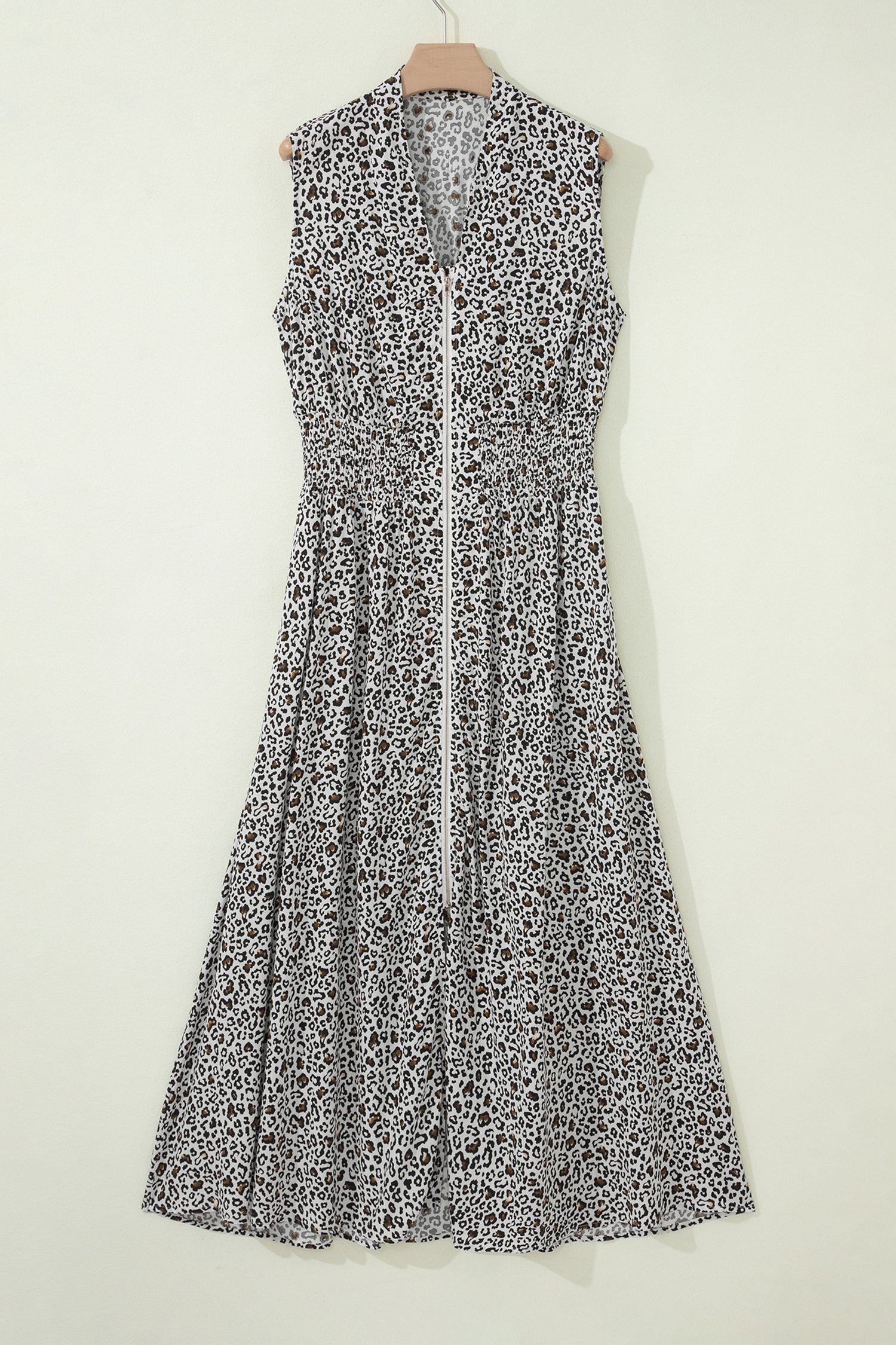 Beige Leopard Zip Front V Neck Cinched Waist Sleeveless Maxi Dress-Dresses/Maxi Dresses-[Adult]-[Female]-2022 Online Blue Zone Planet
