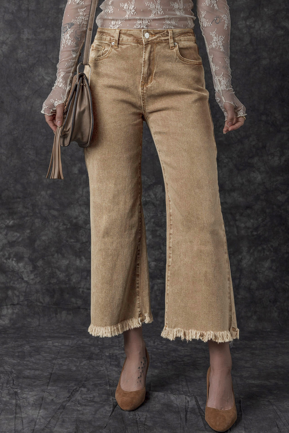 Myosotis Acid Washed High Rise Cropped Wide Leg Jeans-Bottoms/Jeans-[Adult]-[Female]-Light French Beige-6-2022 Online Blue Zone Planet