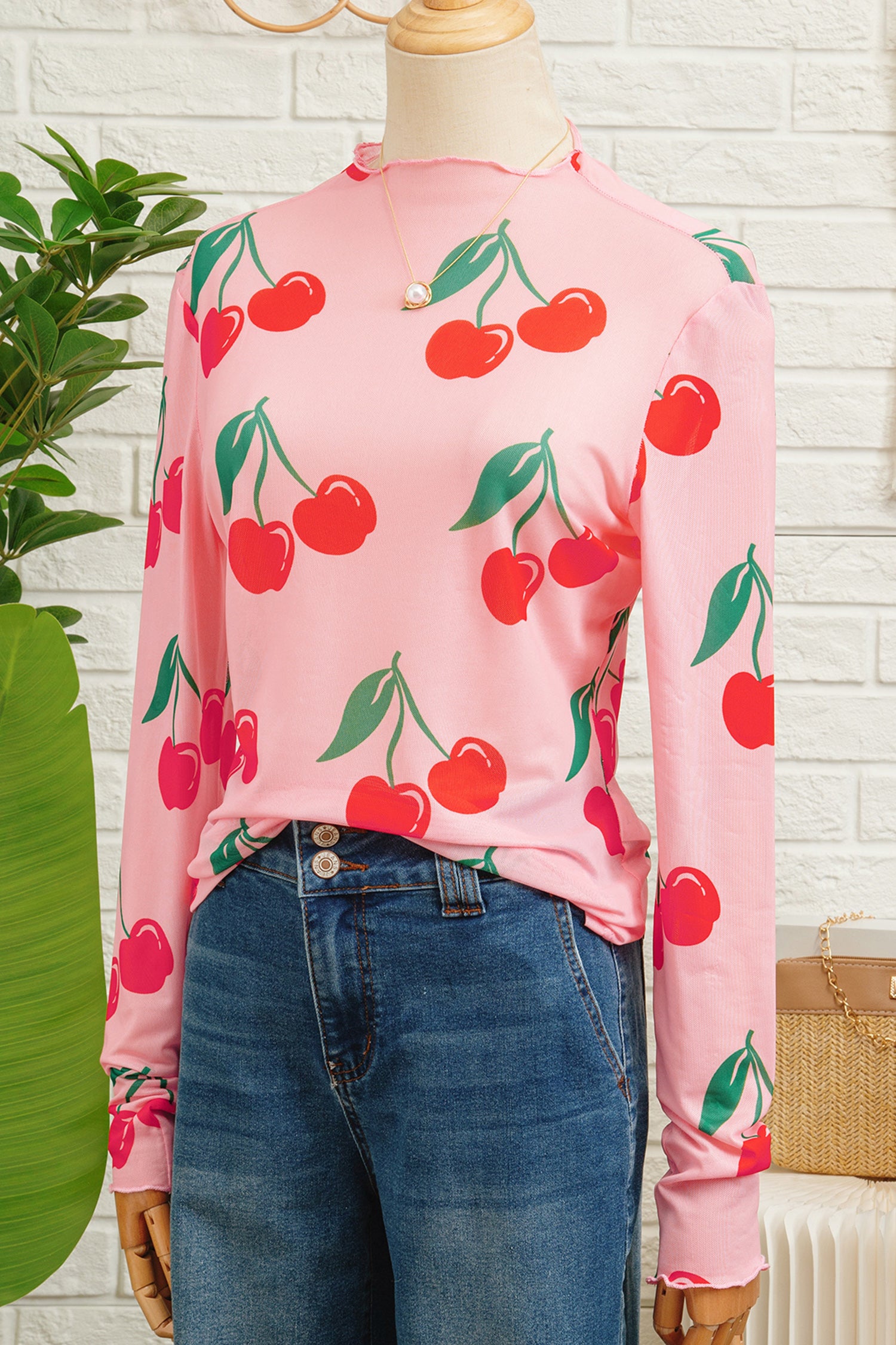 Pink Cherry Print Lettuce Trim Long Sleeve Mesh Top-Tops/Long Sleeve Tops-[Adult]-[Female]-2022 Online Blue Zone Planet