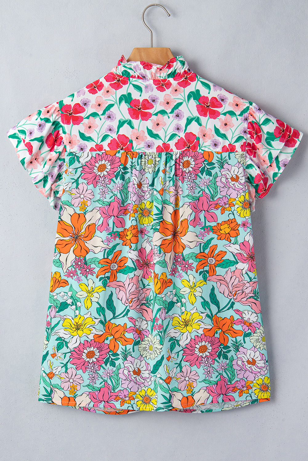 Sky Blue Floral Print Split Neck Button Front Flutter Sleeve Blouse-Tops/Blouses & Shirts-[Adult]-[Female]-2022 Online Blue Zone Planet