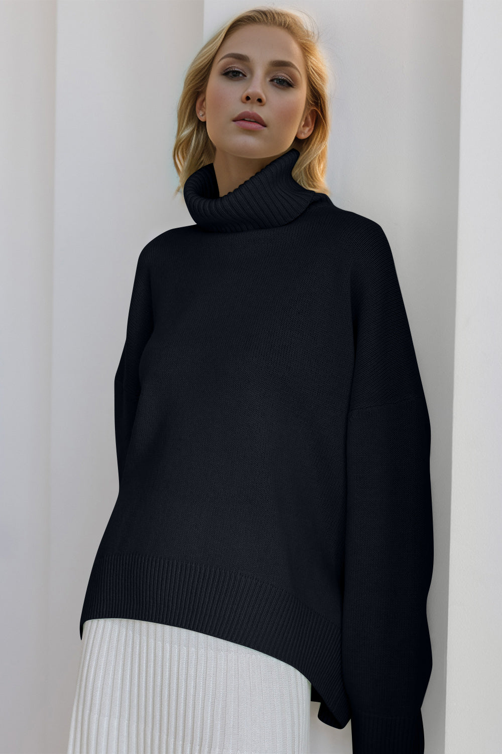 Basic Bae Turtleneck Dropped Shoulder Long Sleeve Sweater-TOPS / DRESSES-[Adult]-[Female]-2022 Online Blue Zone Planet