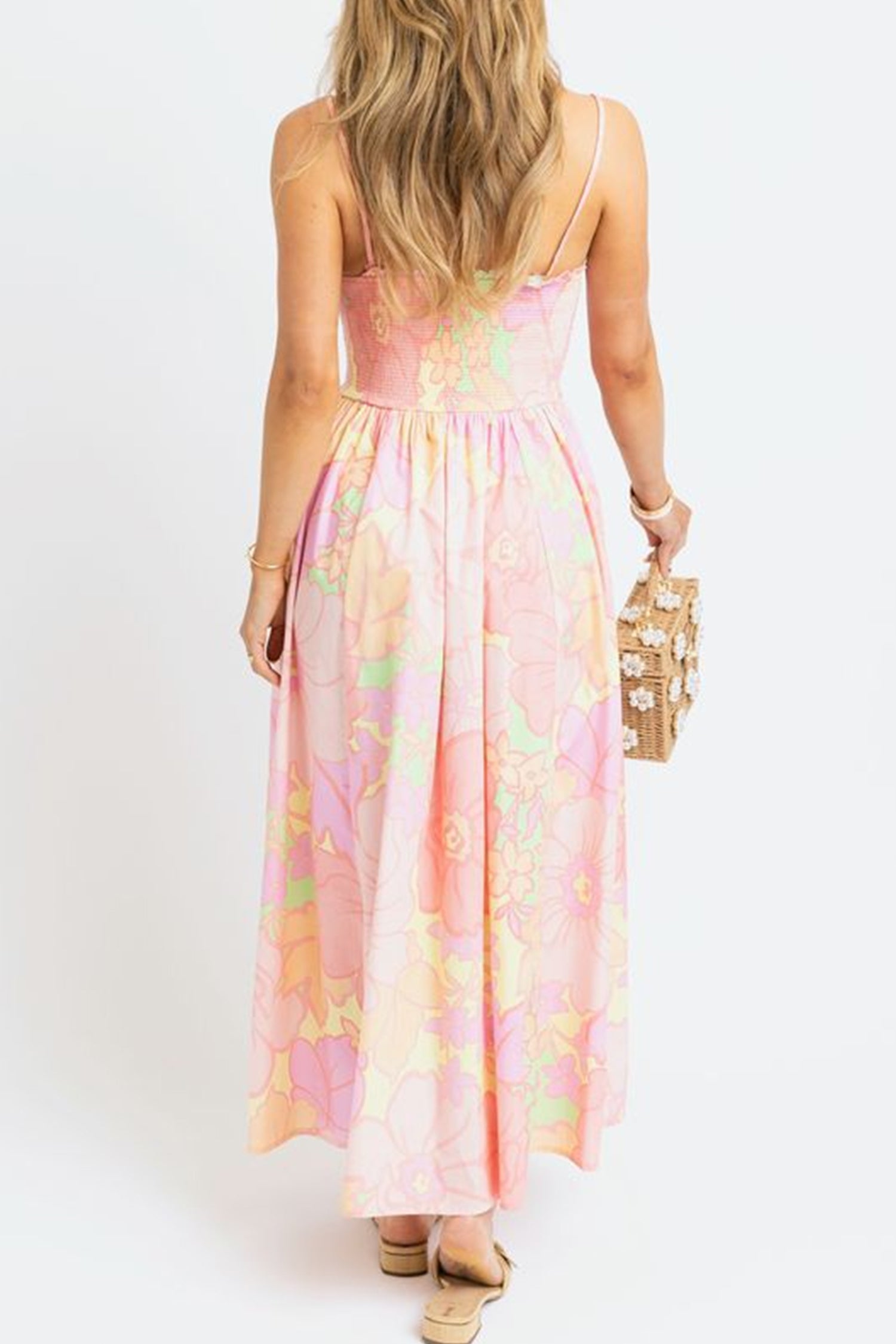Tina's Pink Spaghetti Straps Floral Shirred High Waist Dress-TOPS / DRESSES-[Adult]-[Female]-2022 Online Blue Zone Planet