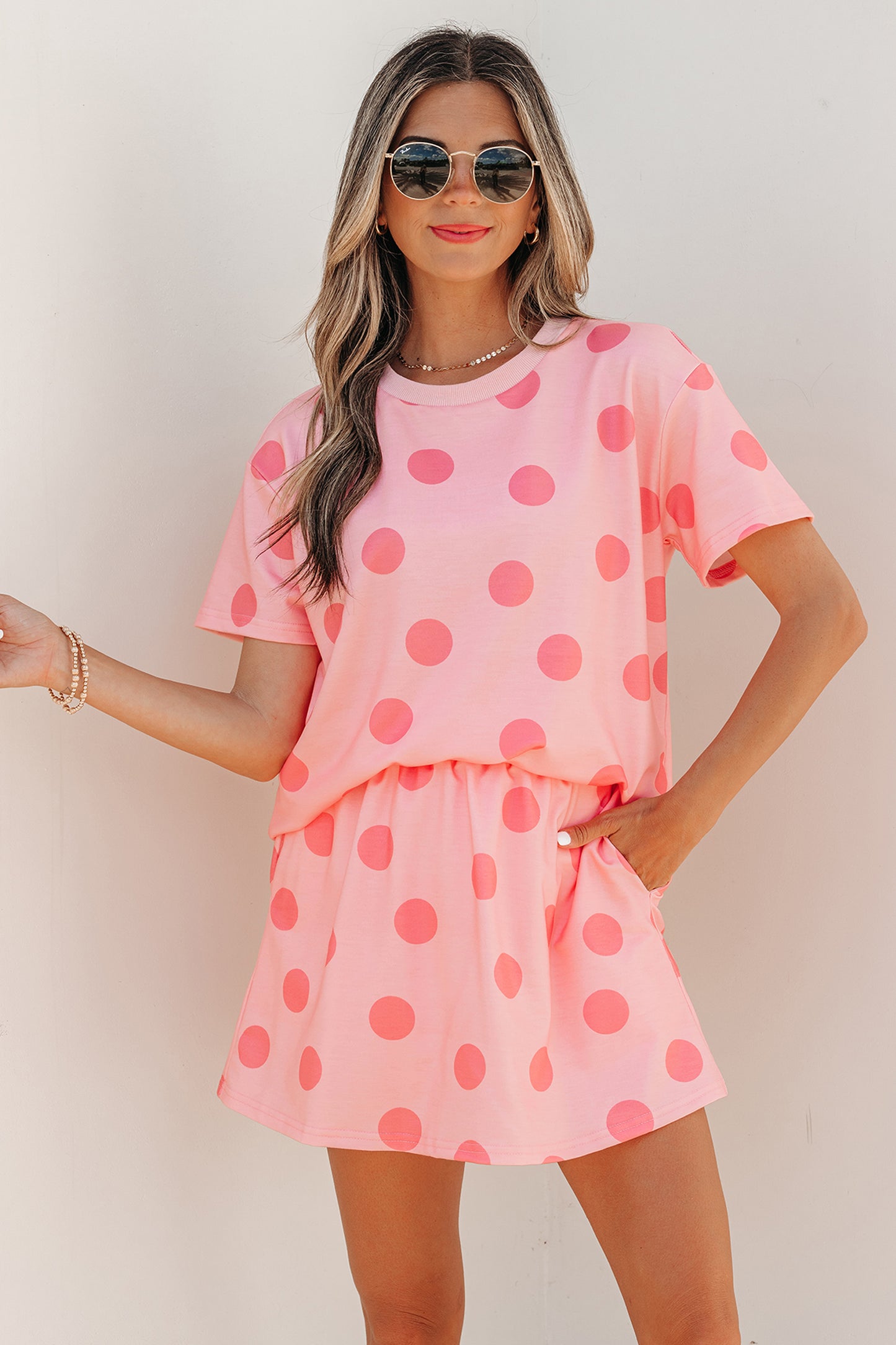White Polka Dot Short Sleeve Top Casual Skort 2pcs Outfit-Two Piece Sets/Two Piece Dresses-[Adult]-[Female]-2022 Online Blue Zone Planet