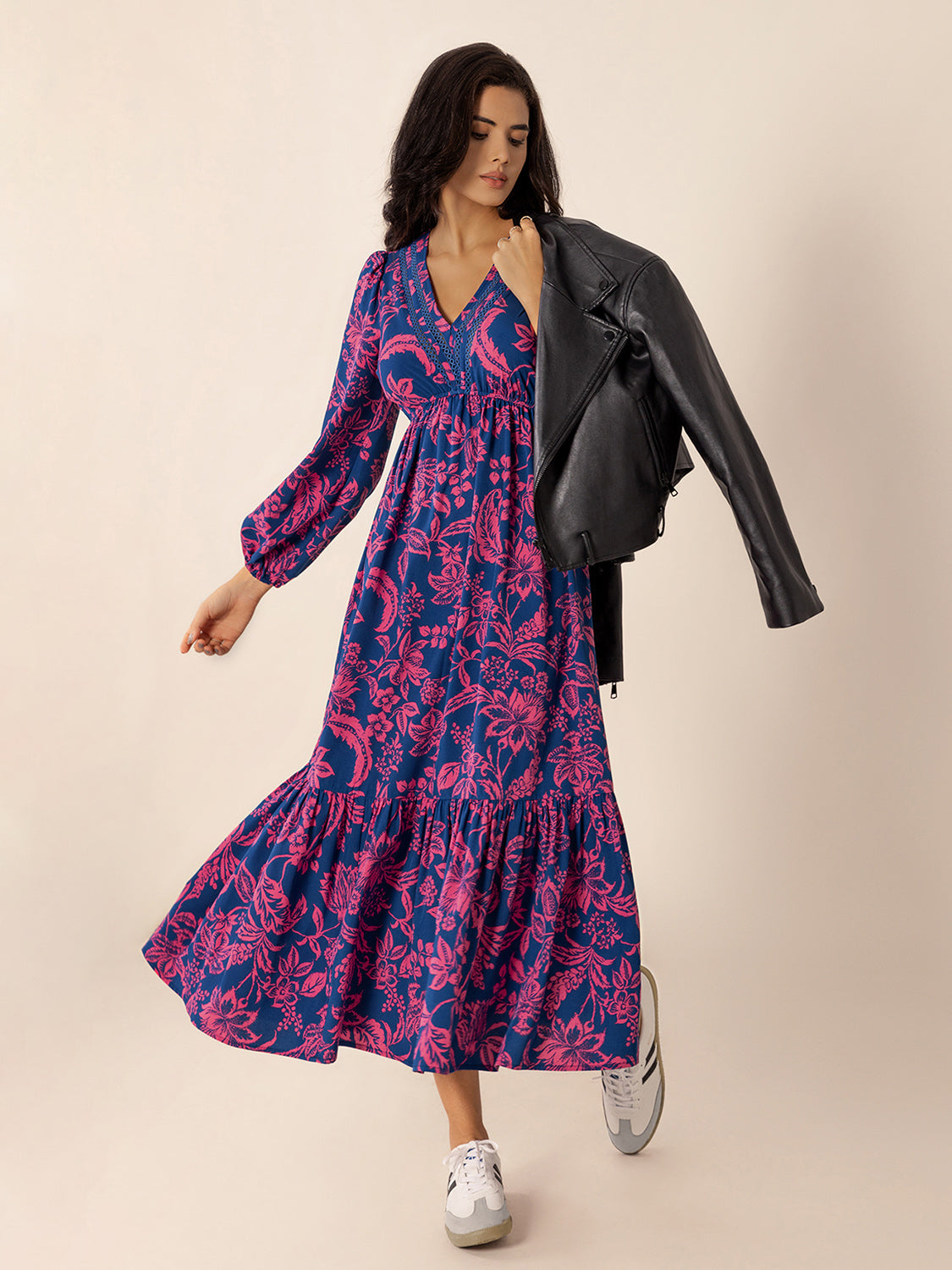 Blue Zone Planet | Printed V-Neck Long Sleeve Midi Dress-TOPS / DRESSES-[Adult]-[Female]-Red-Violet-S-2022 Online Blue Zone Planet