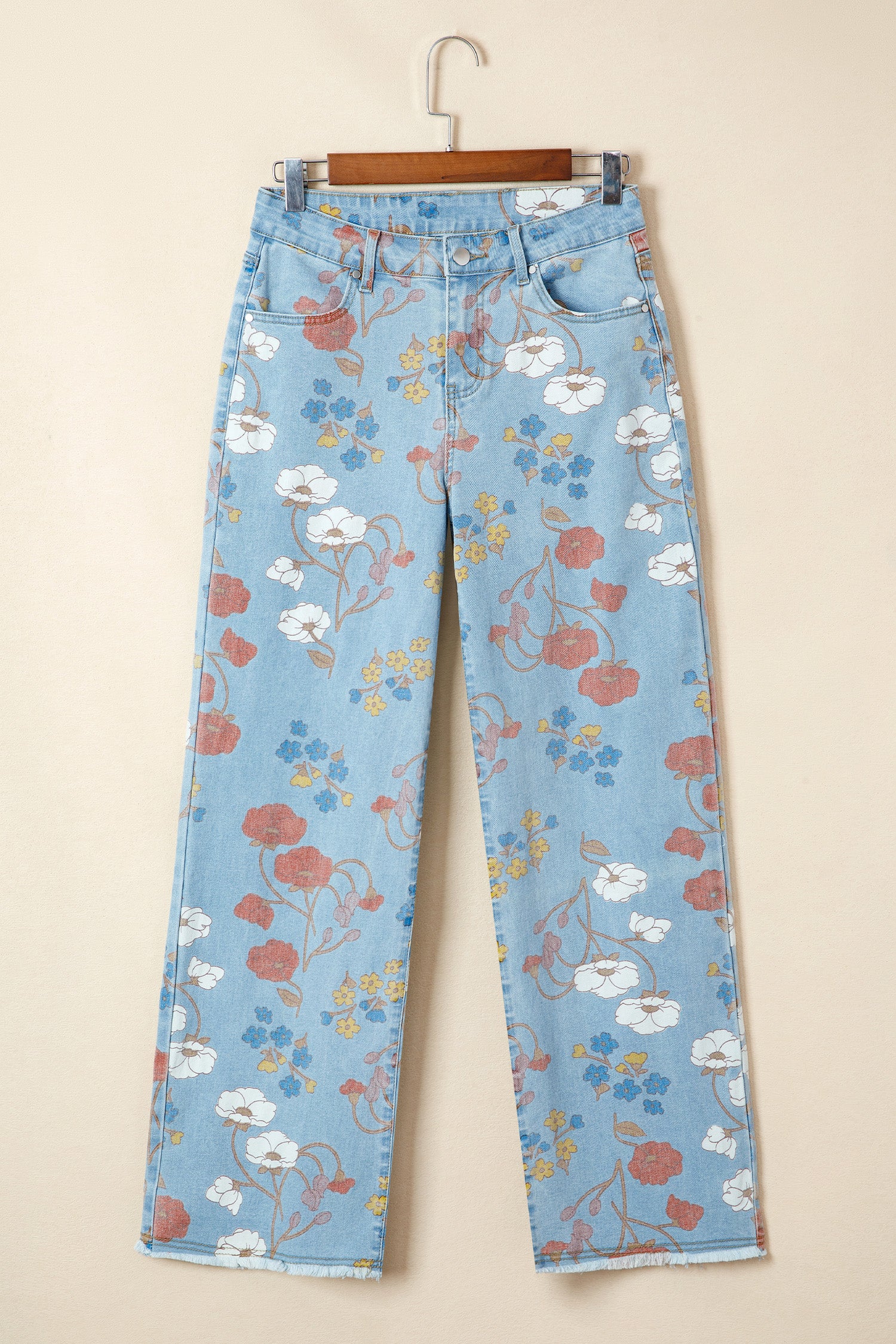 Sky Blue Floral Printed Raw Hem Shift Jeans-Bottoms/Jeans-[Adult]-[Female]-2022 Online Blue Zone Planet