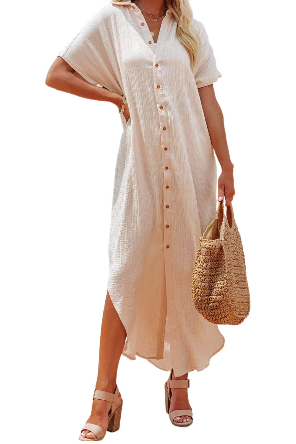 Apricot Crinkled Buttons Maxi Beach Dress with Slits-TOPS / DRESSES-[Adult]-[Female]-2022 Online Blue Zone Planet