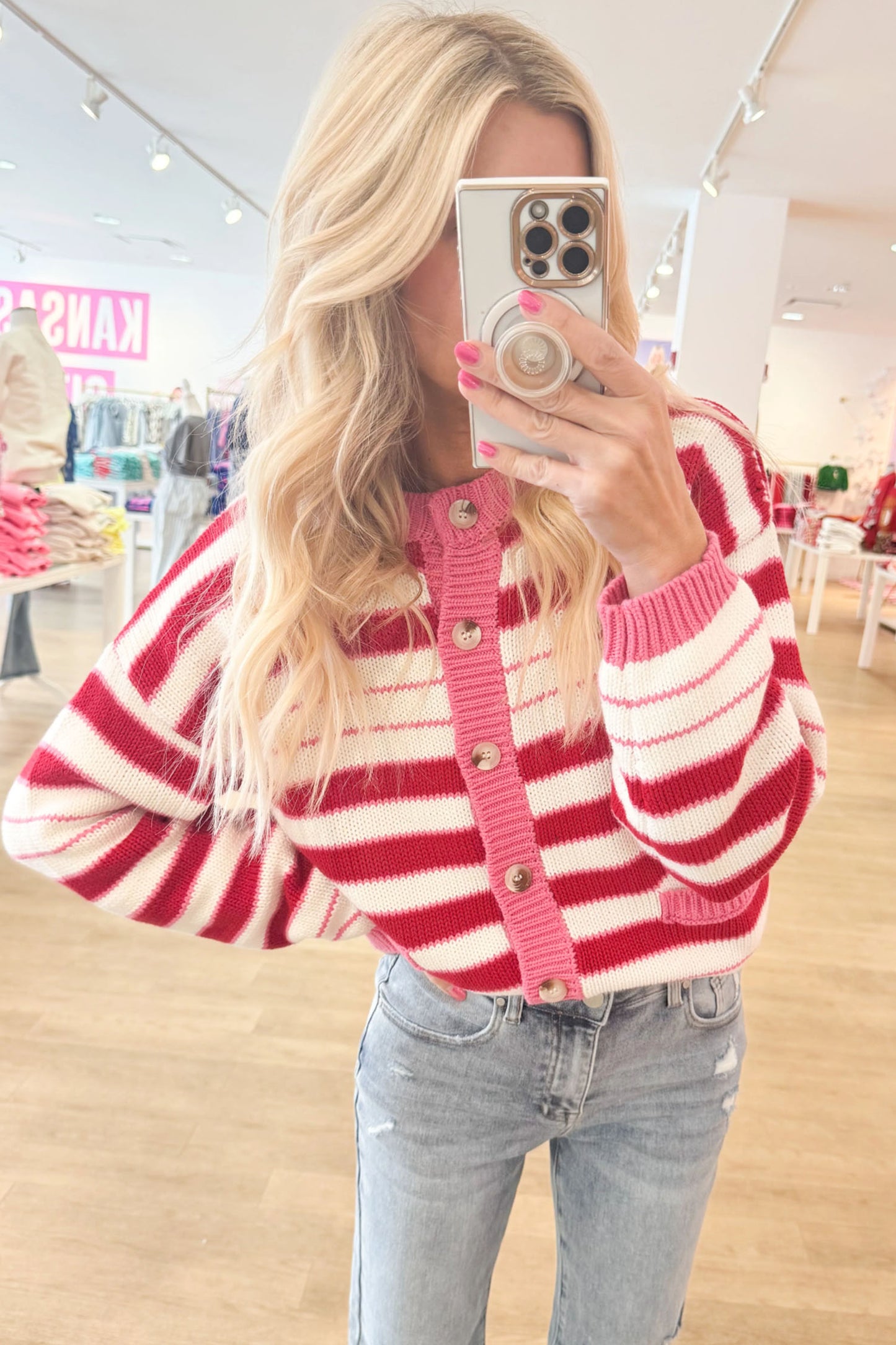 Red Stripe V Neck Long Sleeve Regular Fit Cardigan