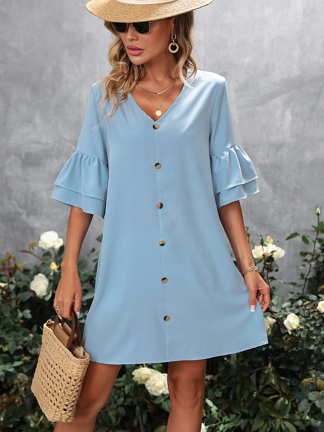 Blue Zone Planet | V-Neck Half Sleeve Mini Dress-TOPS / DRESSES-[Adult]-[Female]-2022 Online Blue Zone Planet