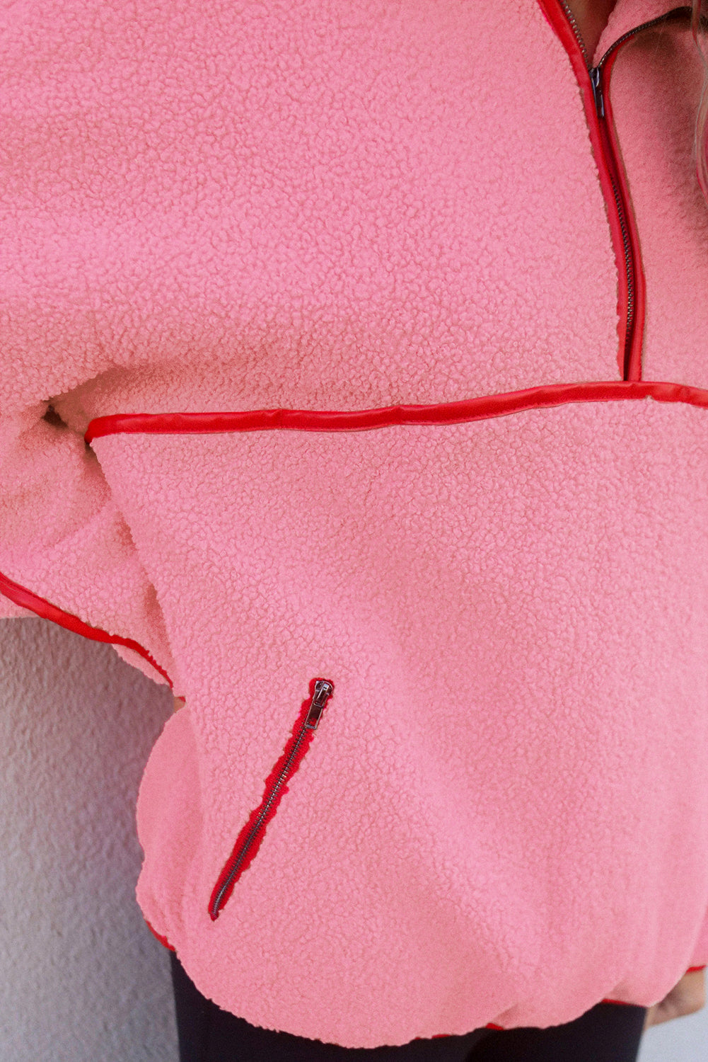 Strawberry Pink Sherpa Contrast Faux Leather Trim Half Zip Pocketed Pullover Sweatshirt-Tops/Sweatshirts & Hoodies-[Adult]-[Female]-2022 Online Blue Zone Planet