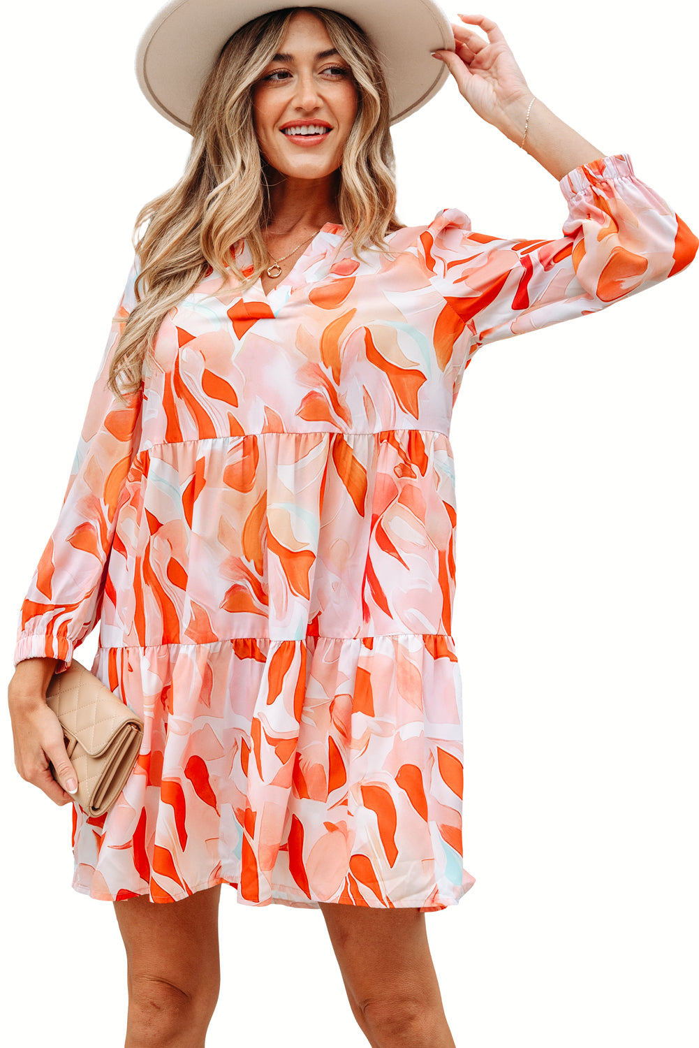 Orange Abstract Print Split Neck Long Sleeve Dress-TOPS / DRESSES-[Adult]-[Female]-2022 Online Blue Zone Planet
