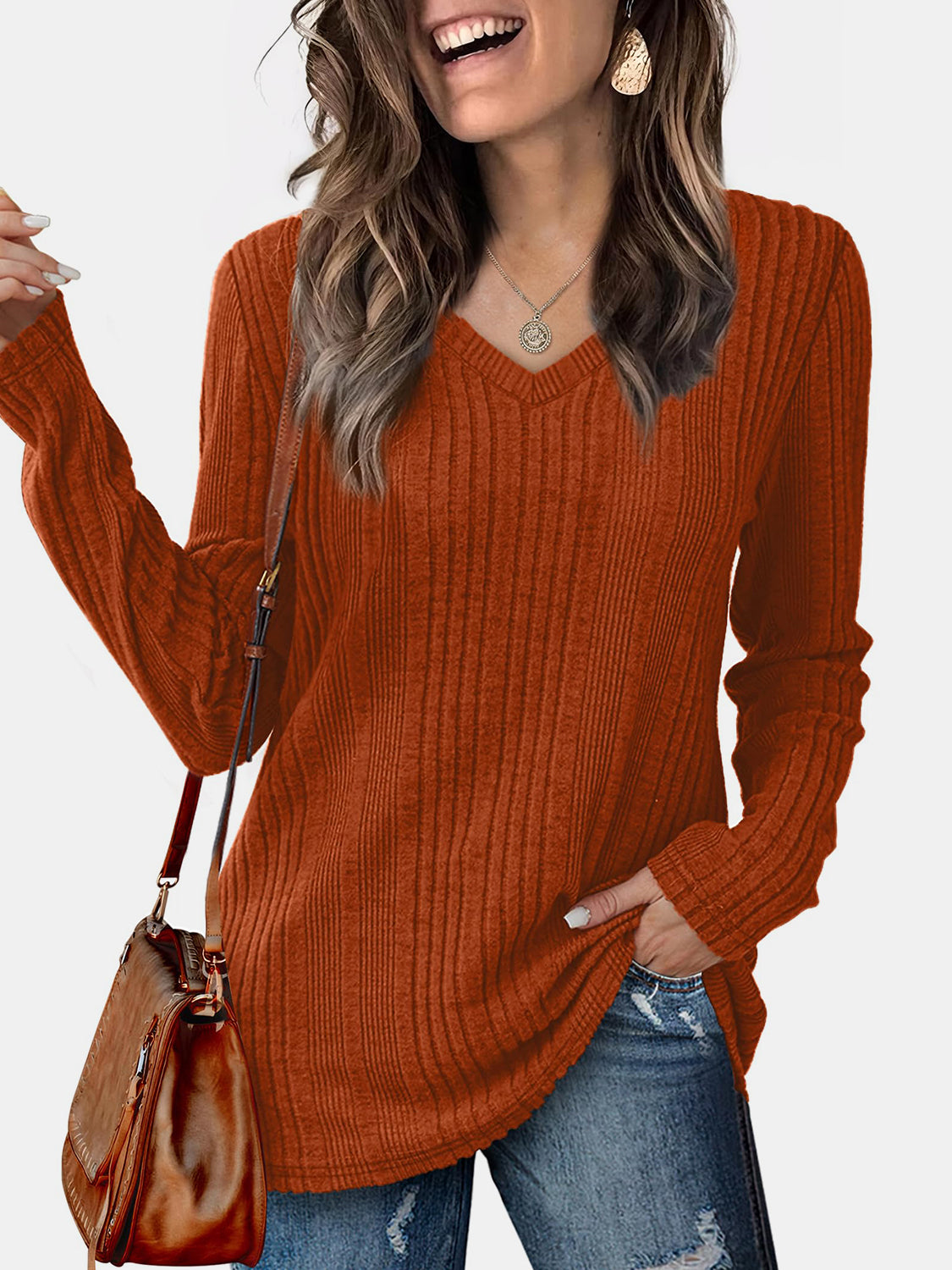 V-Neck Long Sleeve T-Shirt-TOPS / DRESSES-[Adult]-[Female]-Caramel-S-2022 Online Blue Zone Planet