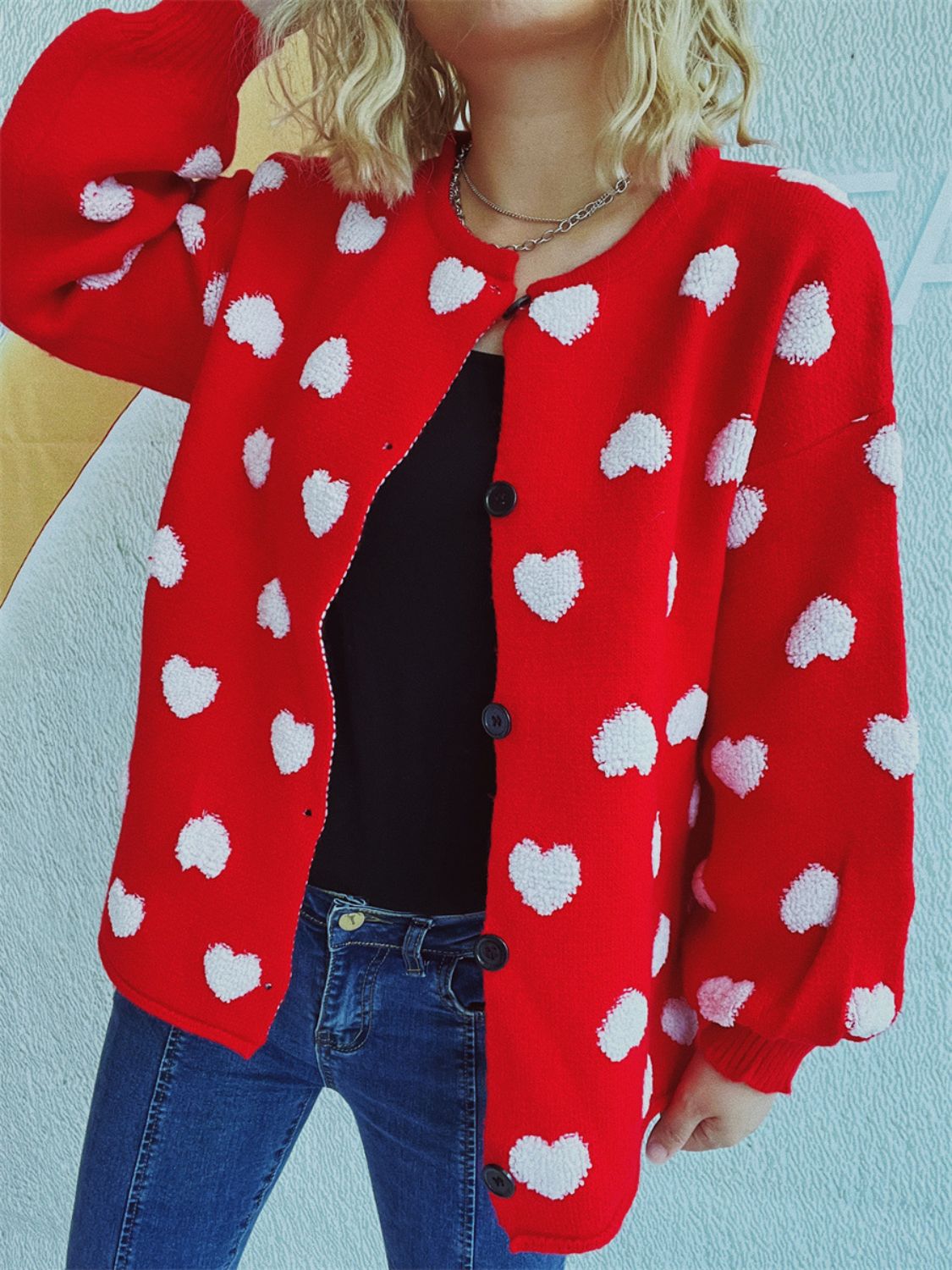 Heart Button Up Long Sleeve Cardigan-TOPS / DRESSES-[Adult]-[Female]-2022 Online Blue Zone Planet