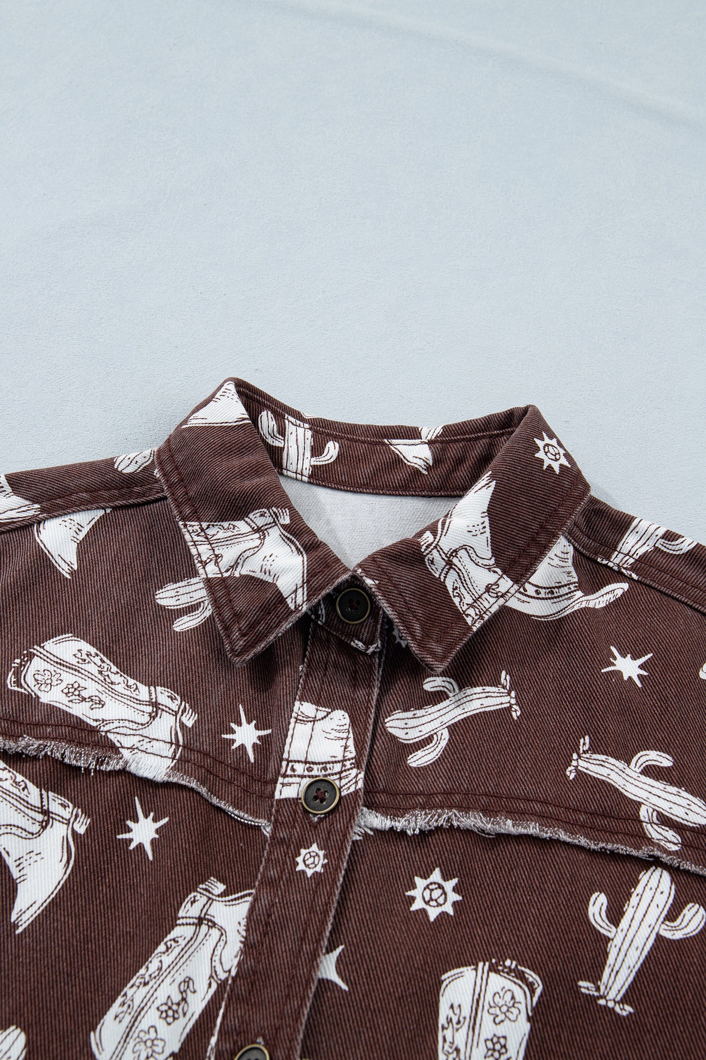 Brown Cowgirl Hats Boots Cactus Print Raw Edge Button Down Short Denim Dress-TOPS / DRESSES-[Adult]-[Female]-2022 Online Blue Zone Planet