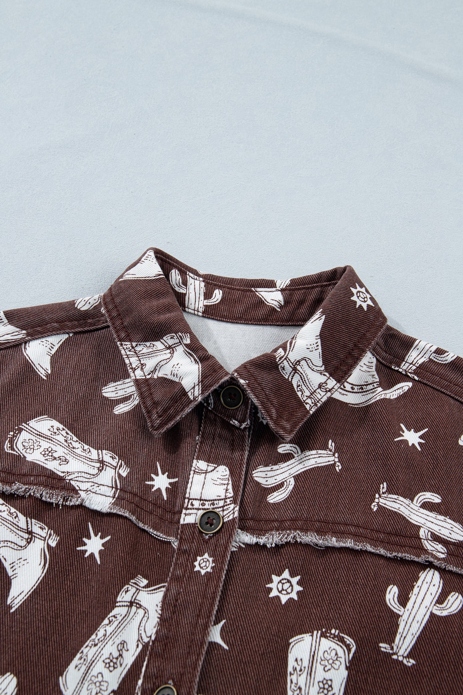 Brown Cowgirl Hats Boots Cactus Print Raw Edge Button Down Short Denim Dress-TOPS / DRESSES-[Adult]-[Female]-2022 Online Blue Zone Planet
