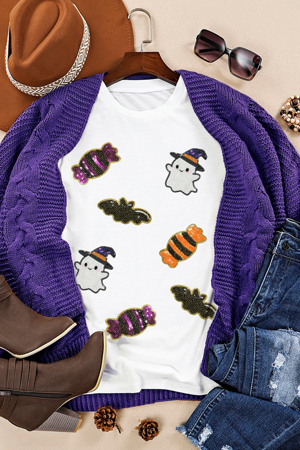 White Sequined Halloween Spirit Pattern Patched Custom Casual Tee-Graphic/Graphic Tees-[Adult]-[Female]-2022 Online Blue Zone Planet