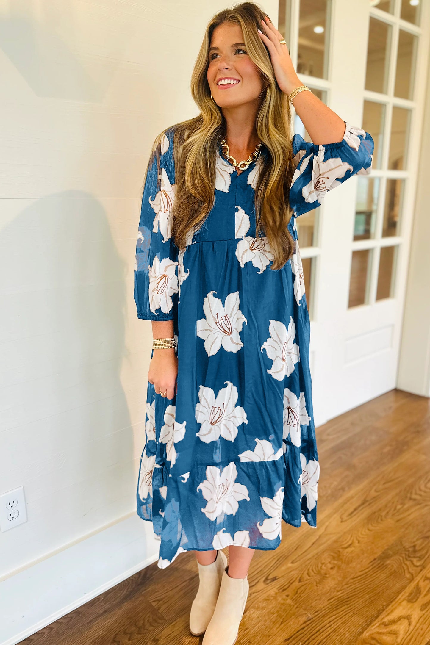 Blue Floral Print Shirt Collar V Neck 3/4 Sleeve Shift Midi Dress-TOPS / DRESSES-[Adult]-[Female]-2022 Online Blue Zone Planet