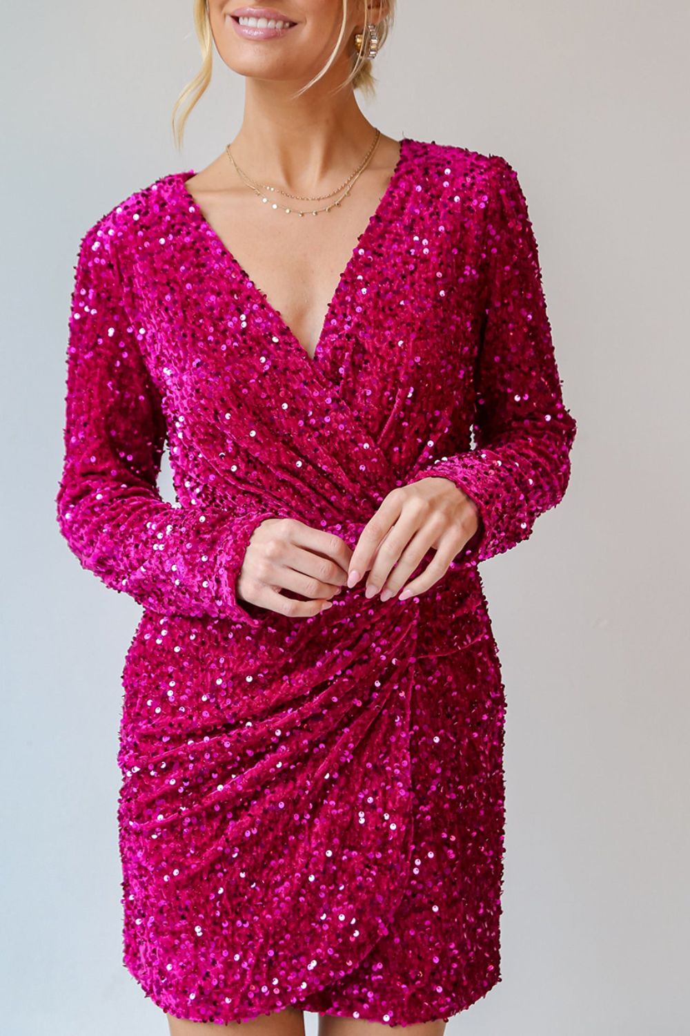 Sequin Surplice Long Sleeve Mini Dress-TOPS / DRESSES-[Adult]-[Female]-Deep Rose-S-2022 Online Blue Zone Planet